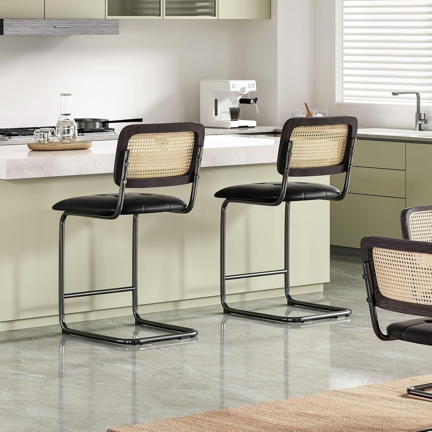 Farini Counter Height Bar Stools Set of 2, Upholstered PU Leather Barstools with Rattan Back, 24 inch Stools Armless Bar Chairs for Kitchen Island