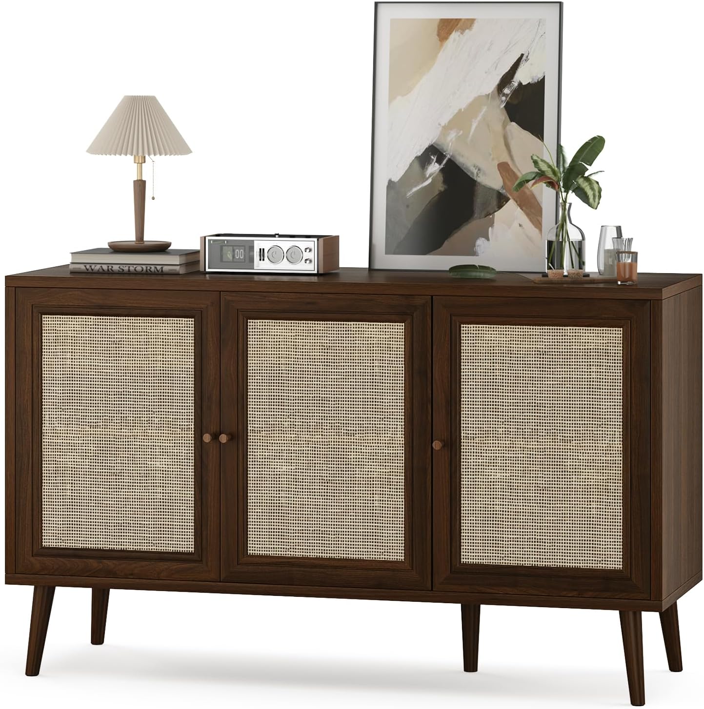 Farini Modern Sideboard Buffet, 3-Door Rattan Storage Cabinet for Kitchen, Living Room & Entryway