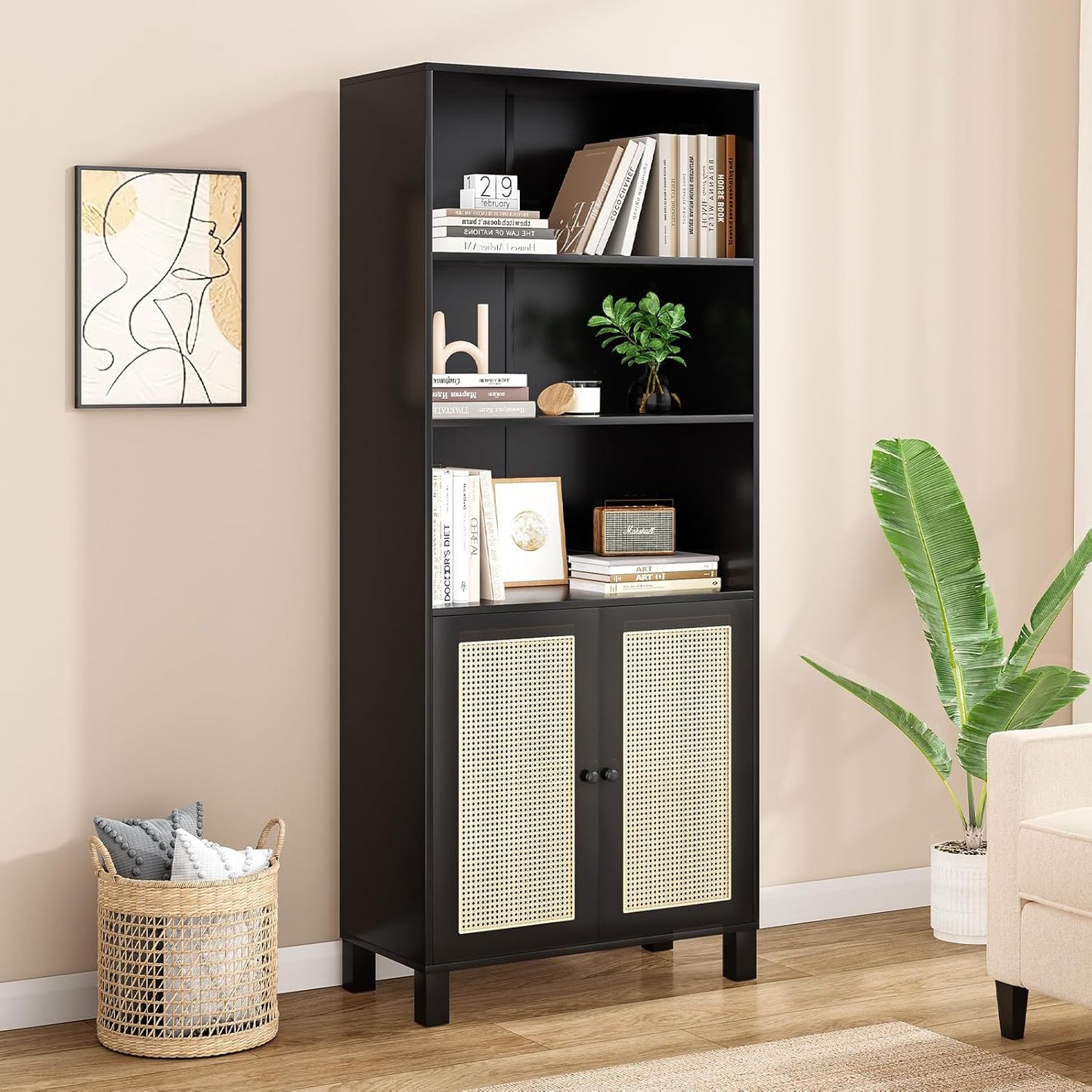 Farini Tall 5 Tier Bookcase, Storage Shelf with Rattan Doors for Living Room, Office, Library