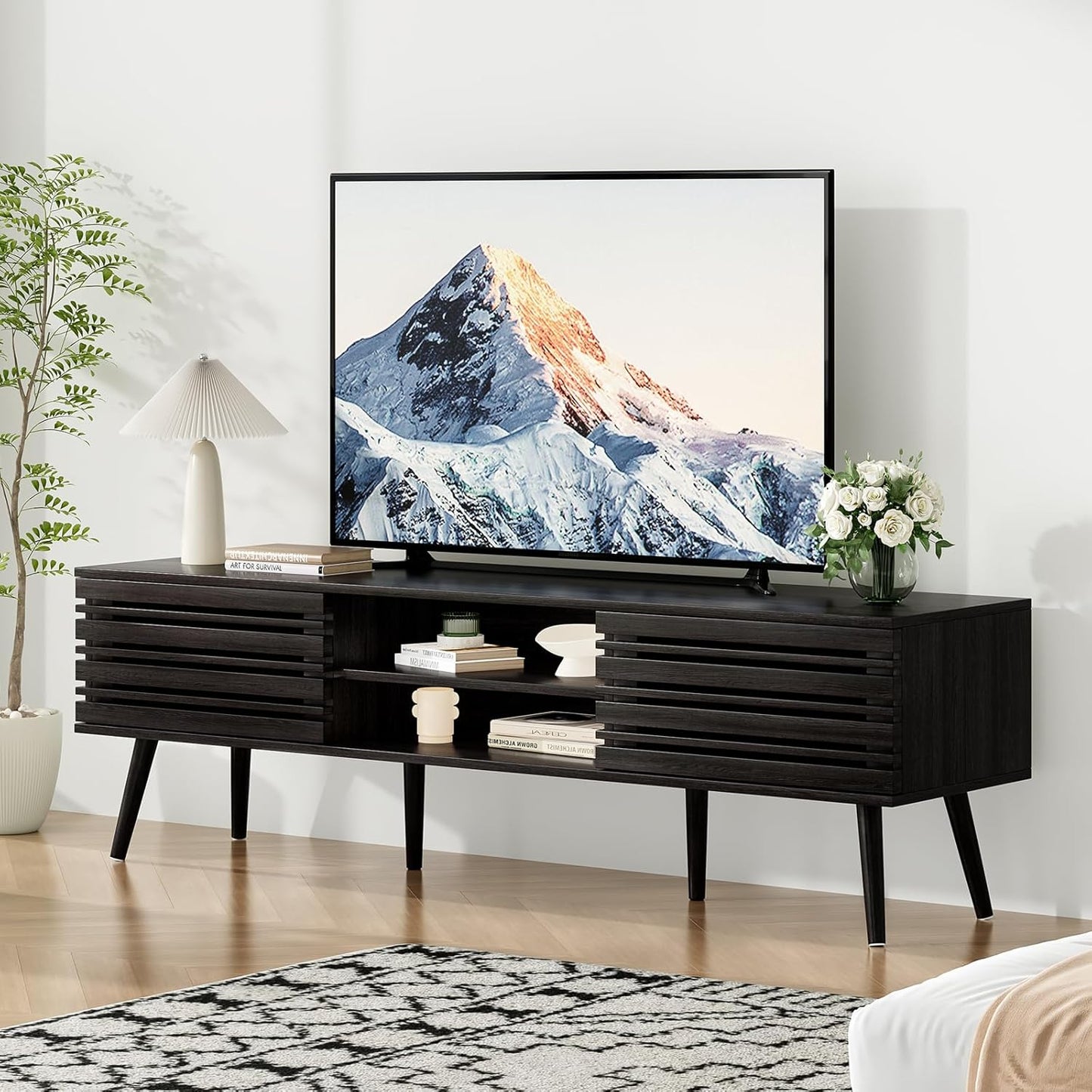 Farini Mid Century Modern TV Stands for up to 70" TV with Storage, Fluted Wood TV Stand for Living Room, Boho Media Console, Entertainment Center with Cable Management