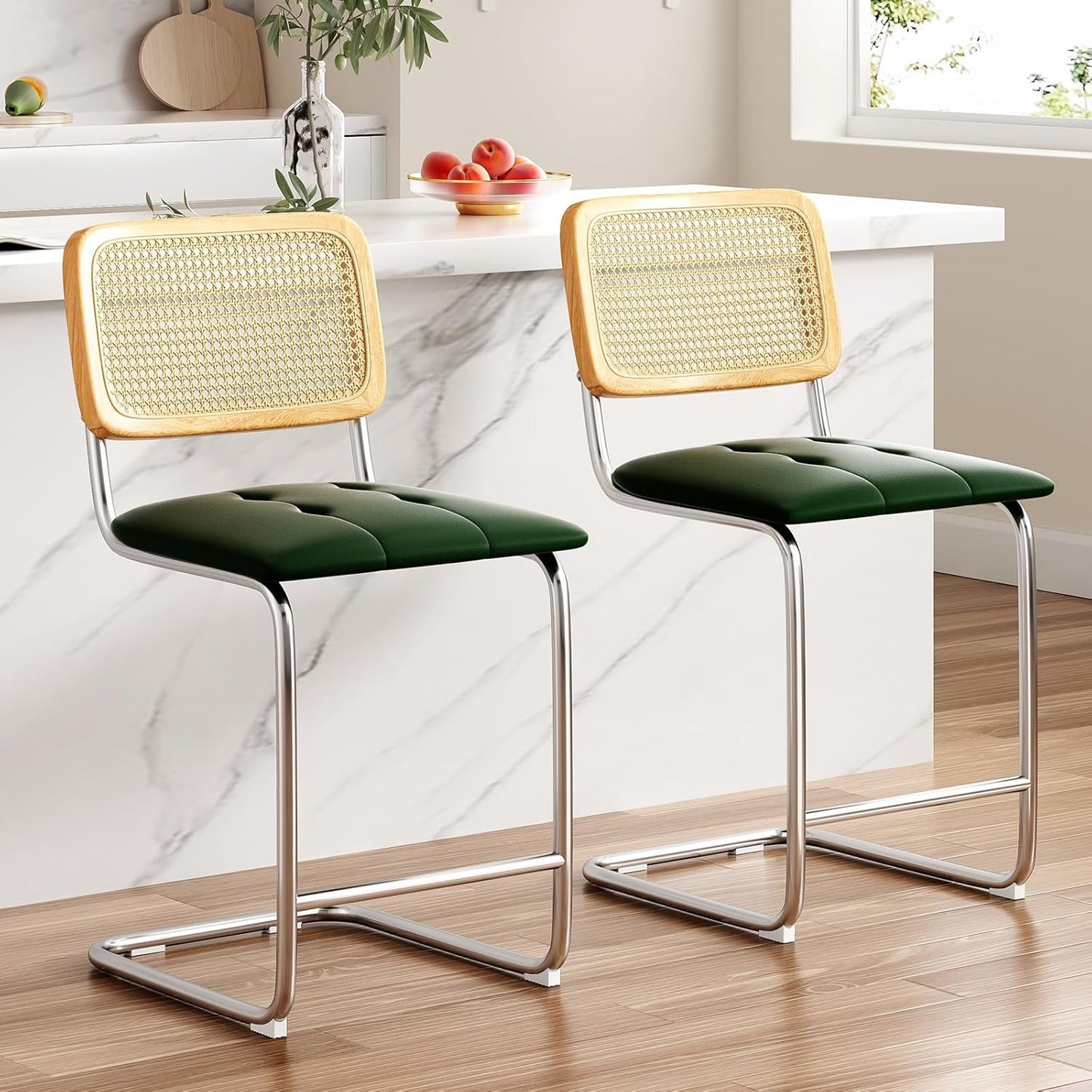 Farini Counter Height Bar Stools Set of 2, Upholstered PU Leather Barstools with Rattan Back, 24 inch Stools Armless Bar Chairs for Kitchen Island
