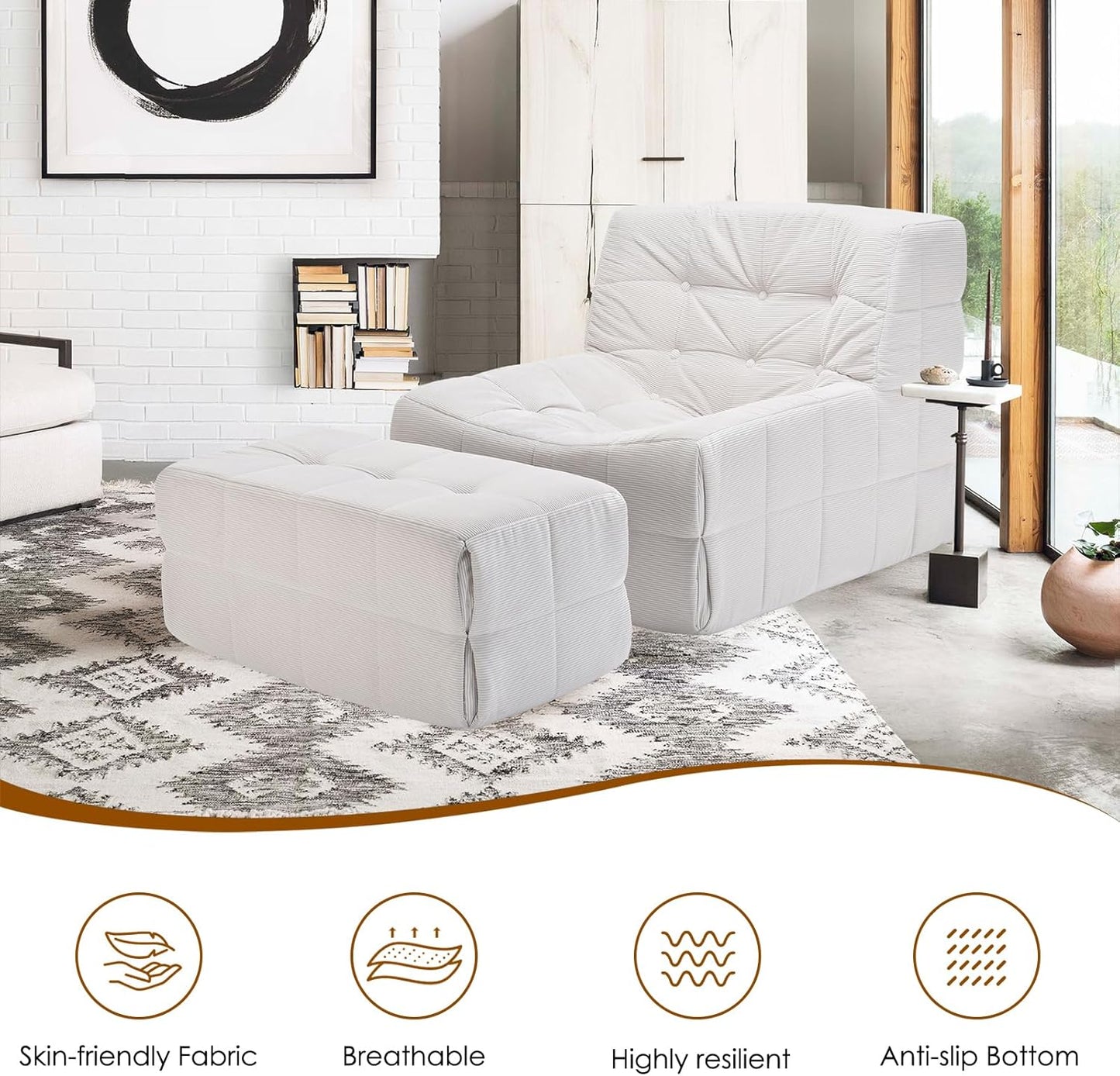 Farini Bean Bag Chair for Adults with Ottoman, Oversized Beanbag Chairs with High-Density Memory Foam, Comfy Lazy Sofa with Head, Neck, Back, Lumbar, Hip Support for Living Room, Bedroom