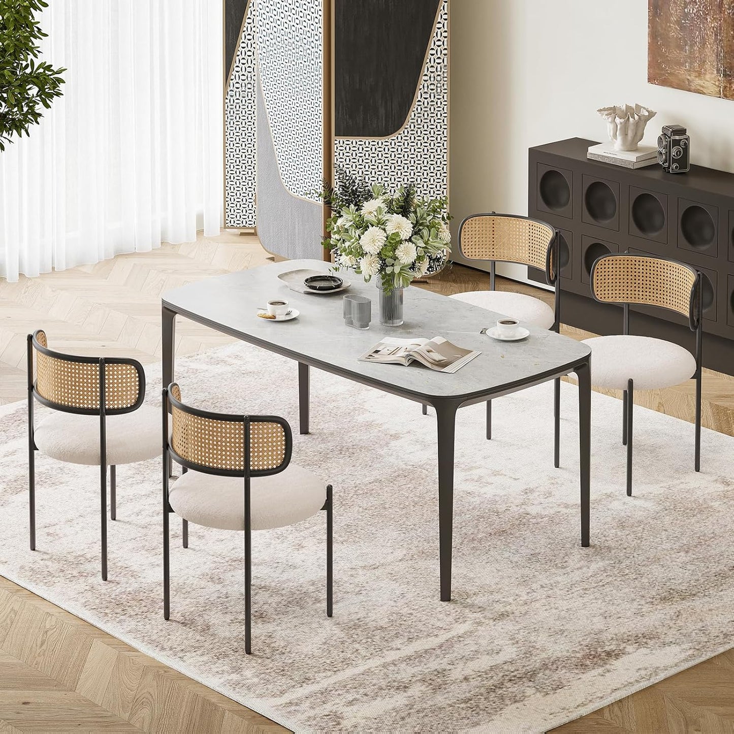 Farini Upholstered Dining Chair Set of 2, Rattan Backrest Kitchen Chair