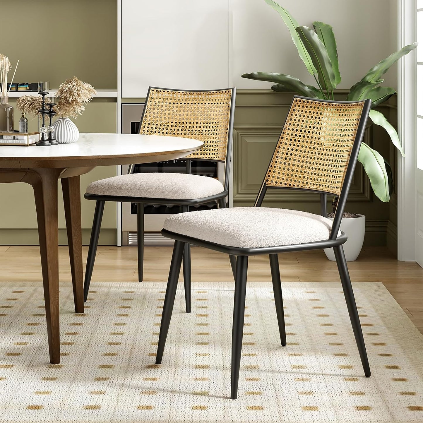 Farini Dining Chairs Set of 2 or 4, Mid-Century Modern Kitchen Chairs with Rattan Backrest & Metal Frame, Boucle Upholstered Accent Chairs for Dining Room, Kitchen, Living Room