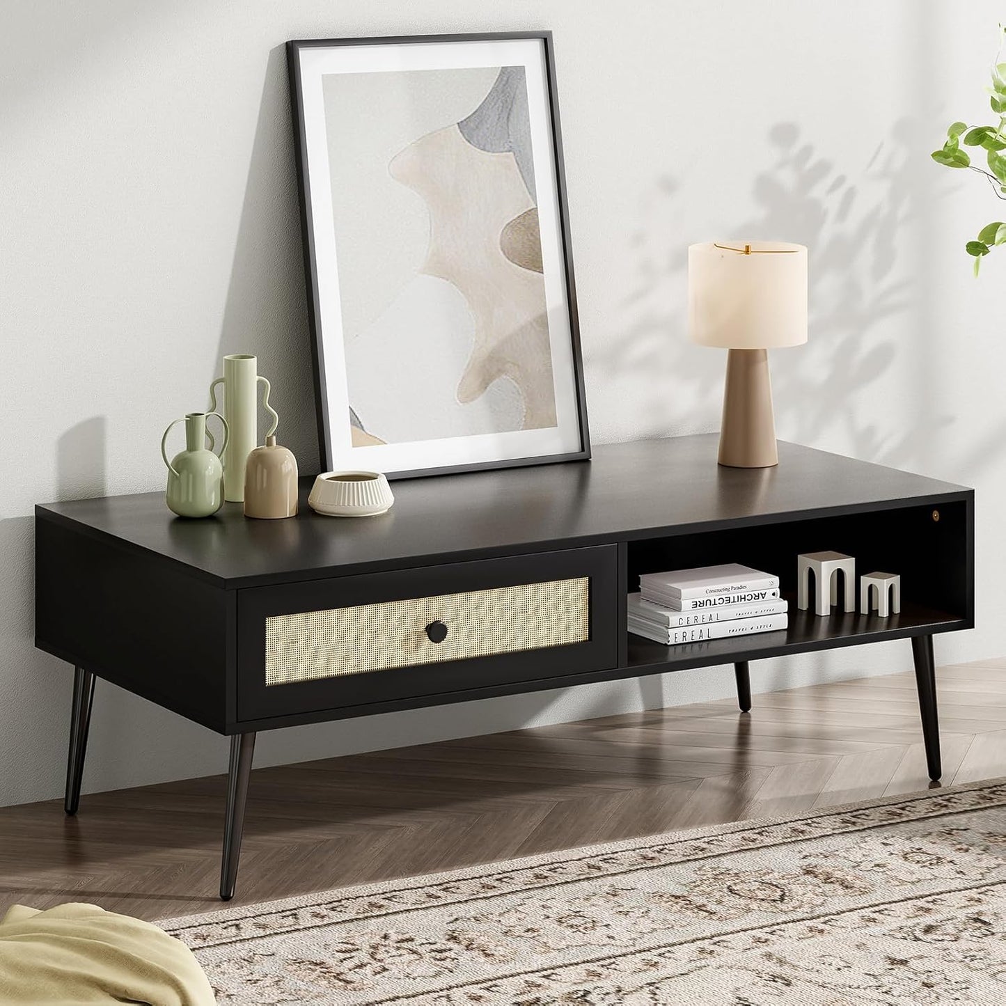 Farini 47" Modern Coffee Table, Rectangle Living Room Table with Drawer & Open Shelf for Living Room, Office