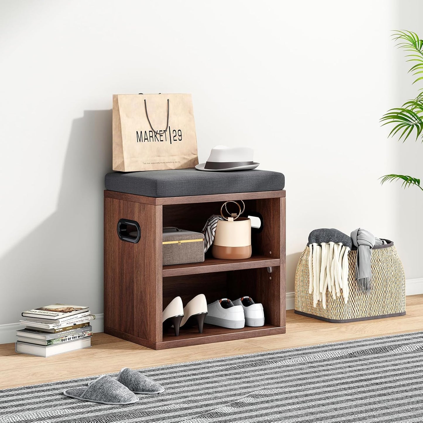 Farini Small Shoe Bench for Entryway With Cushion, Storage and Seating - White Rack With Bench Seat