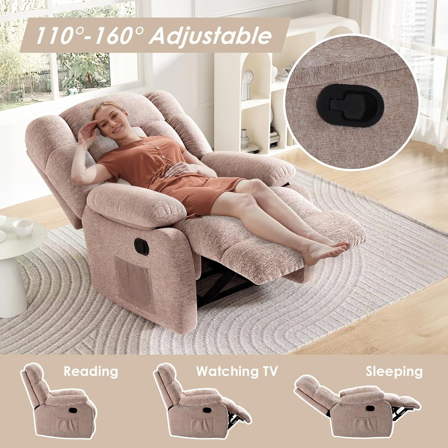Farini Recliner Chair, Upholstered Rocker Recliner Chair with Side Pocket, Ergonomic 110°-160° Adjustable Reclining Chairs for Adults, Single Sofa Chair with Footrest,Recliner Sofa for Living Room