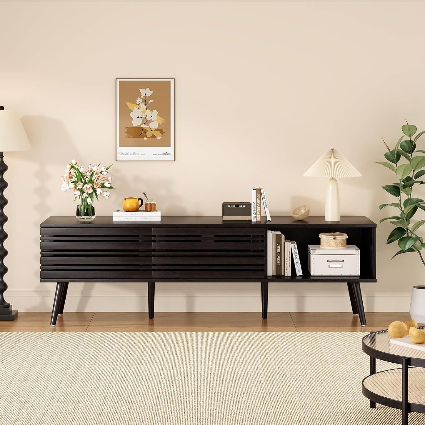 Farini Mid Century Modern TV Stands for up to 70" TV with Storage, Fluted Wood TV Stand for Living Room, Boho Media Console, Entertainment Center with Cable Management