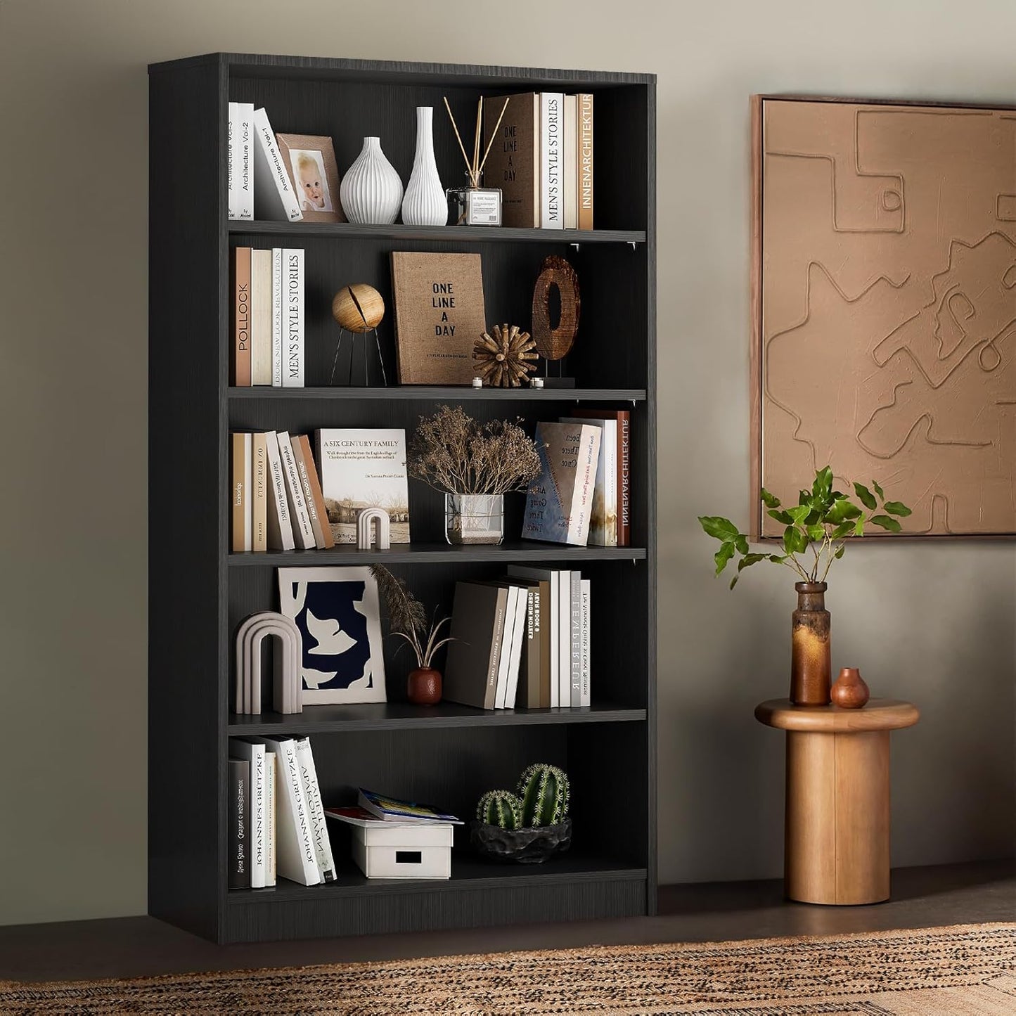 Farini Bookshelf With Adjustable Shelves, 5 Shelf Bookcase for Living Room, Bedroom - Large Tall Wood Book Case, 60 in Tall, 33 in Wide, 11.6 in Deep, Gray