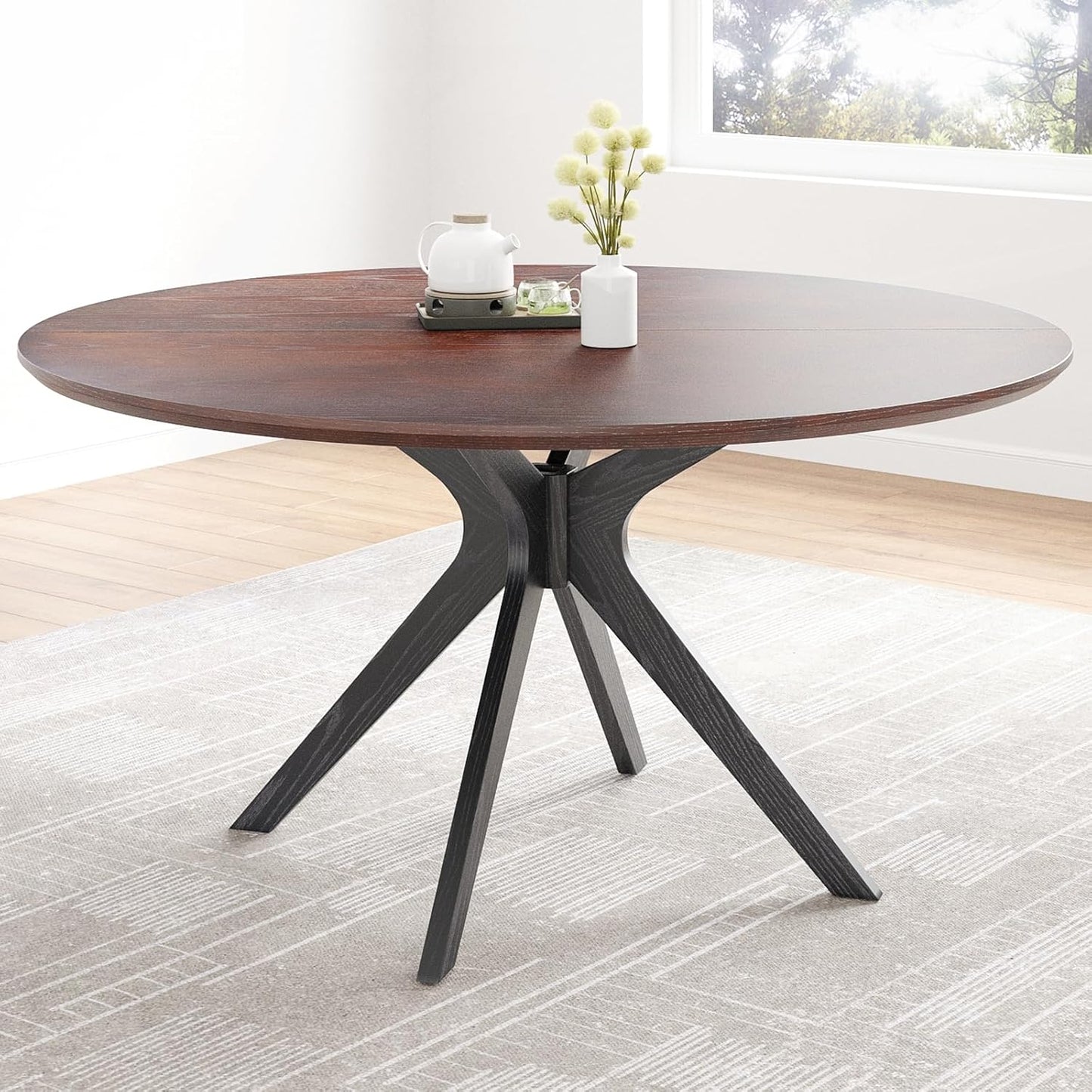 Farini 47.2" Solid Wood Round Dining Kitchen Table for 4-6 People with Intersecting Pedestal Base