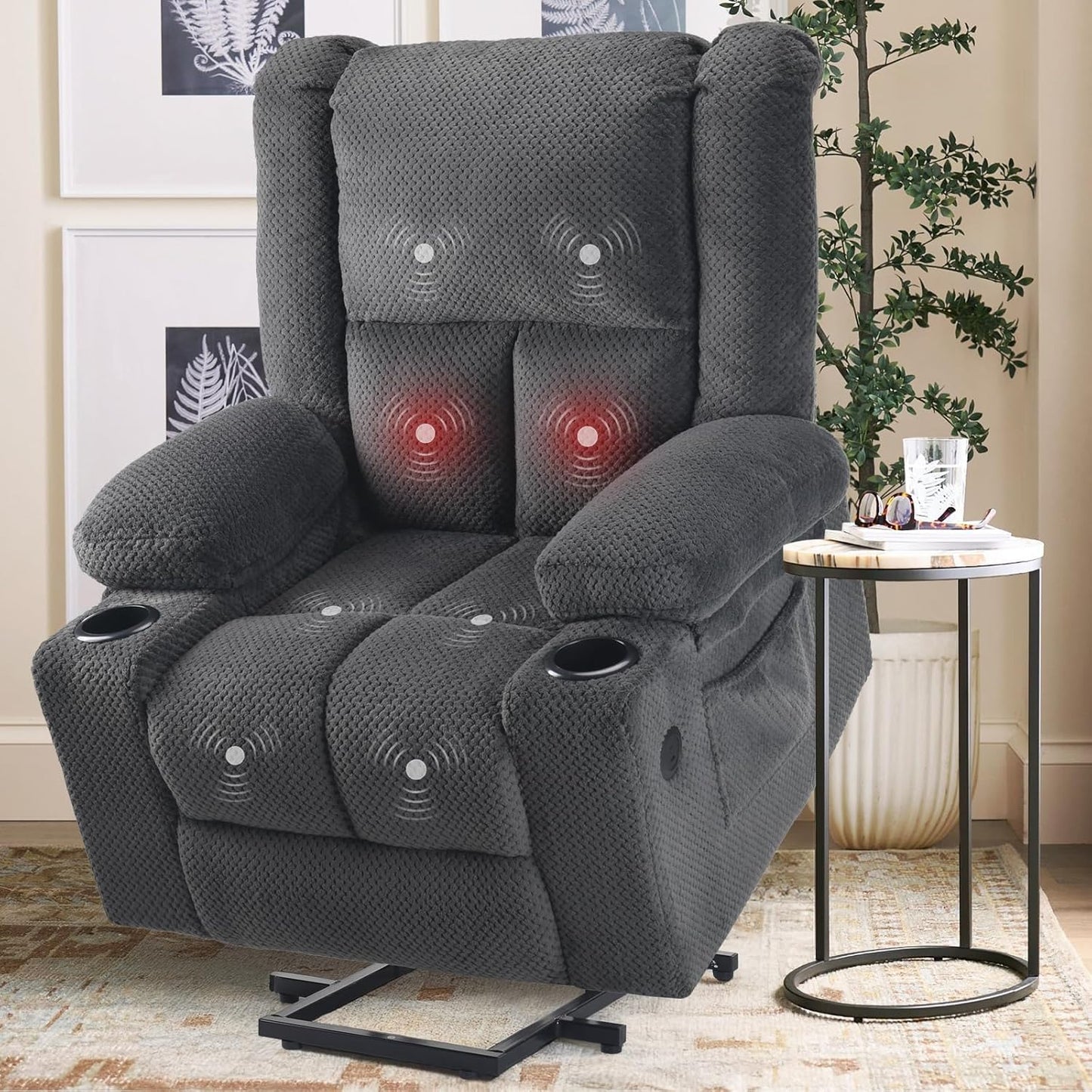 Farini Power Lift Recliner Chair with Massage and Heat for Elderly People, USB Ports and Cup Holders
