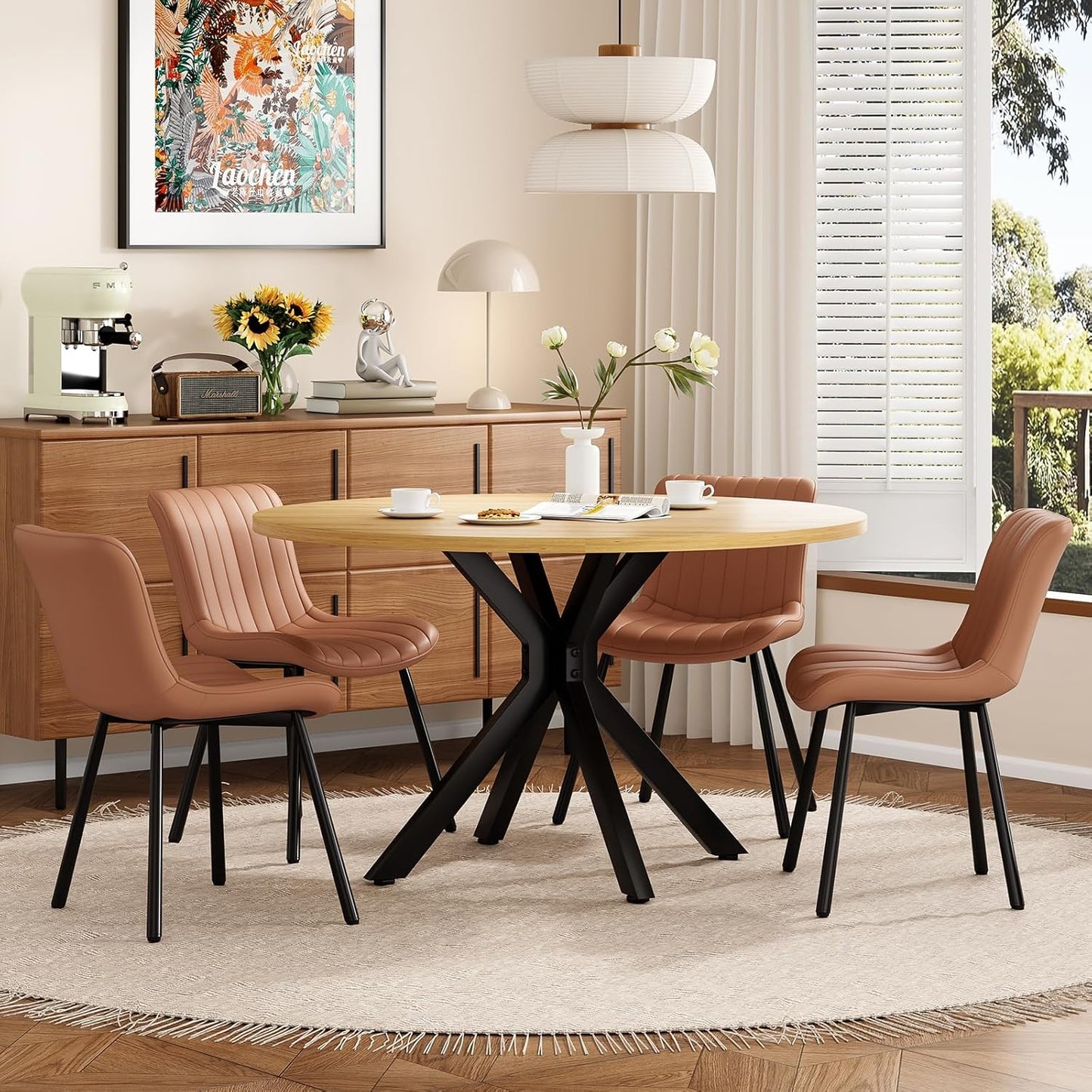 Farini 47.2" Solid Wood Round Dining Kitchen Table for 4-6 People with Intersecting Pedestal Base