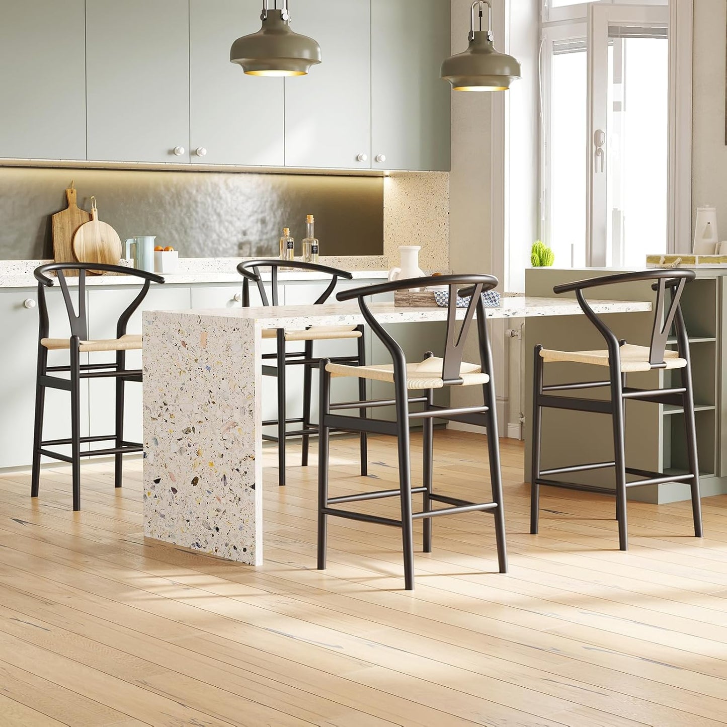 Farini Wishbone Barstool,Weave Counter Height Bar Stools, Fully Assembled Rattan Bar Chairs for Kitchen Island,1pc