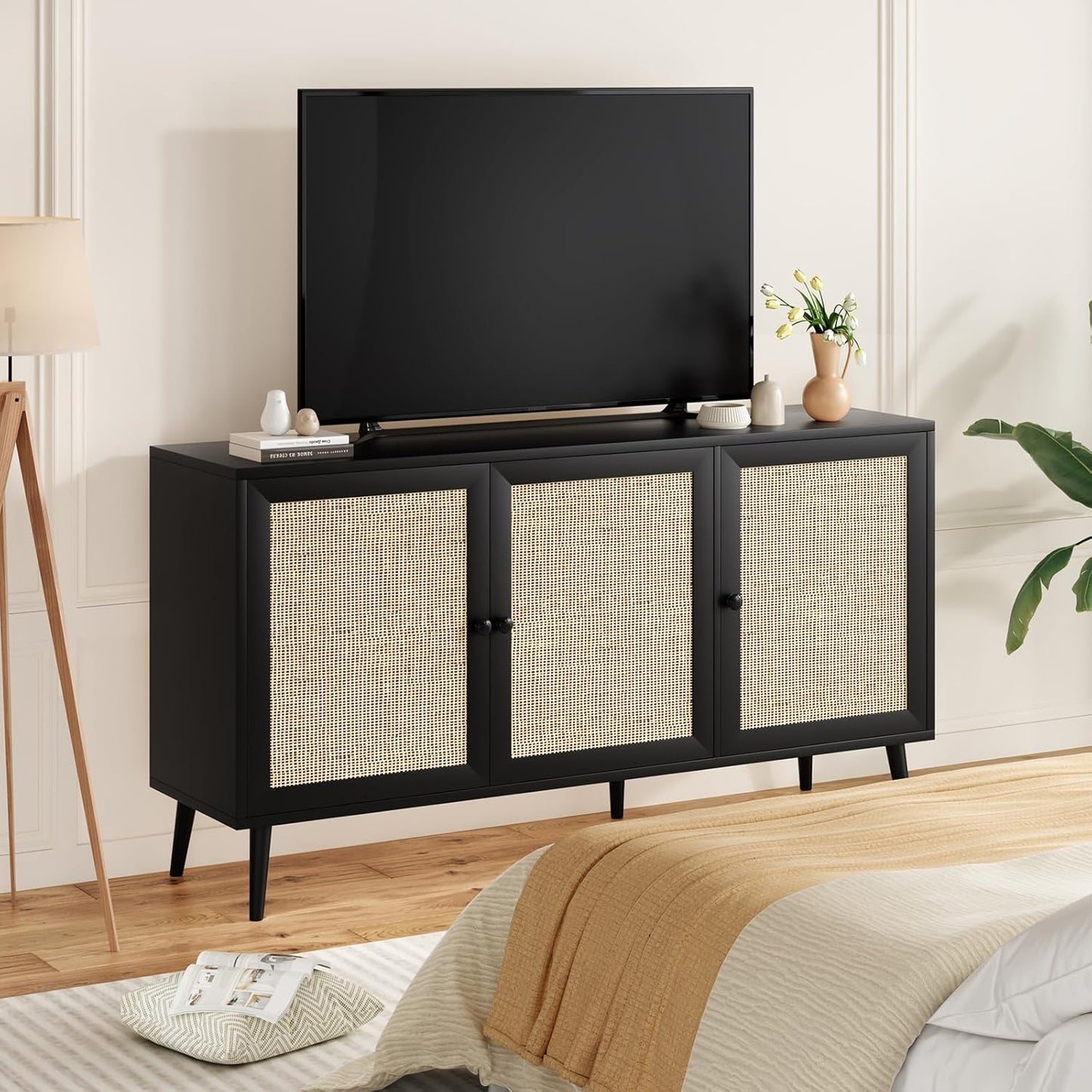 Farini Modern Sideboard Buffet, 3-Door Rattan Storage Cabinet for Kitchen, Living Room & Entryway