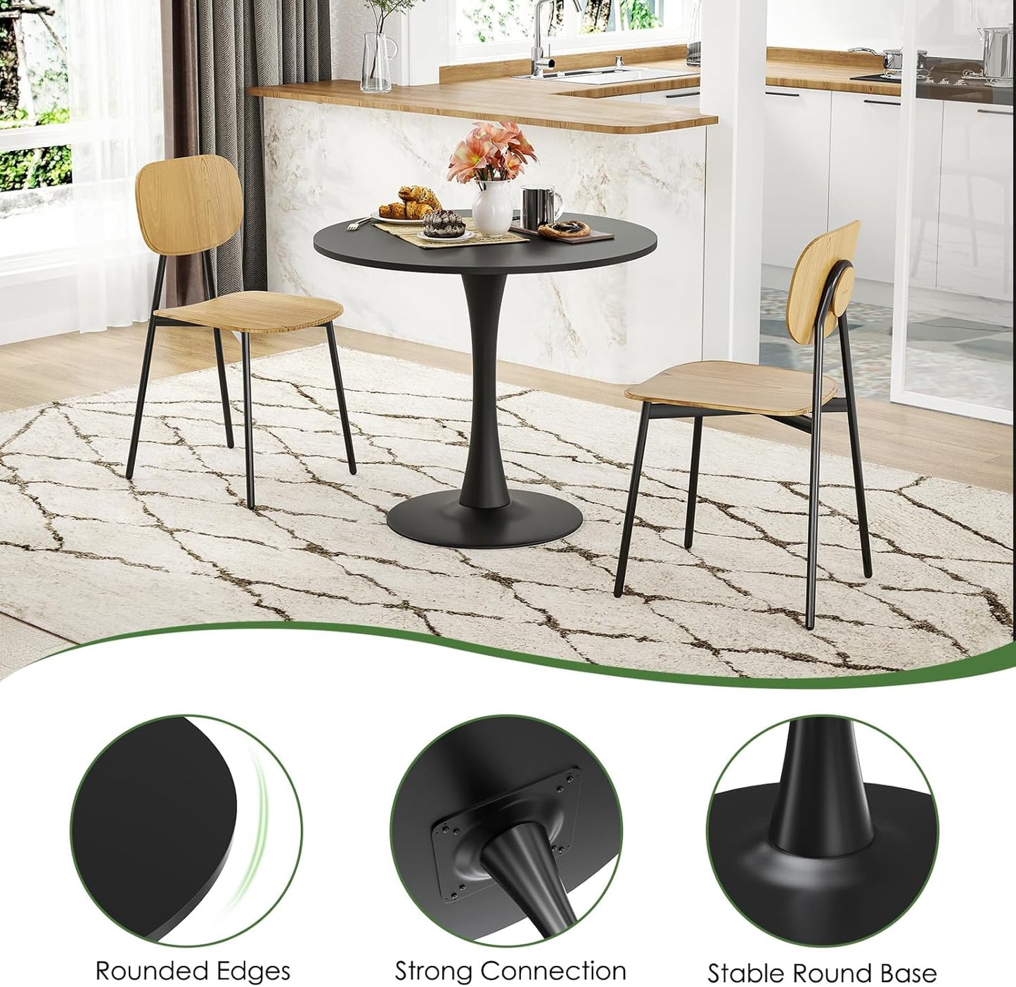 Farini 31.5" Small Round Dining Table Seats Up to 2-4 People,Wood Tabletop Tulip Dining Table with Metal Pedestal Base
