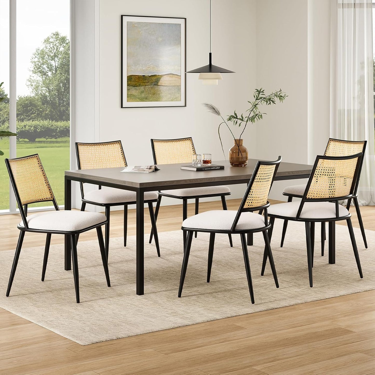 Farini Dining Chairs Set of 2 or 4, Mid-Century Modern Kitchen Chairs with Rattan Backrest & Metal Frame, Boucle Upholstered Accent Chairs for Dining Room, Kitchen, Living Room