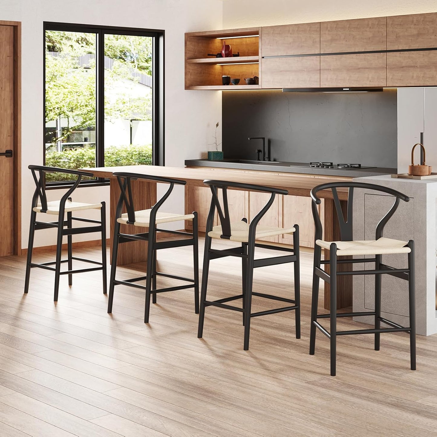 Farini Wishbone Barstool,Weave Counter Height Bar Stools, Fully Assembled Rattan Bar Chairs for Kitchen Island,1pc