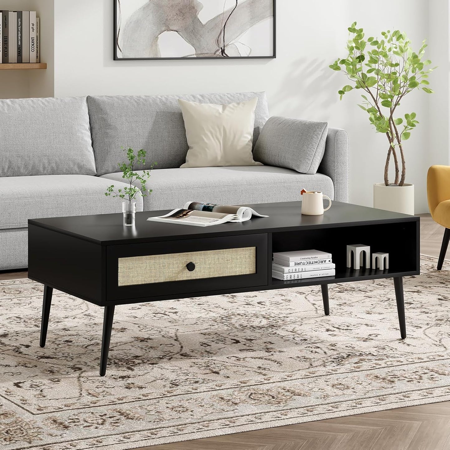 Farini 47" Modern Coffee Table, Rectangle Living Room Table with Drawer & Open Shelf for Living Room, Office