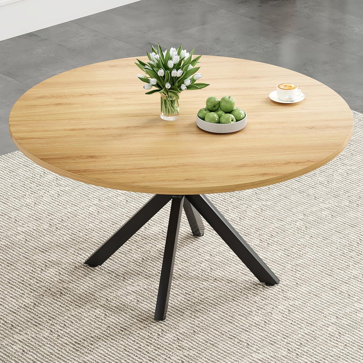 Farini 47 Inch Round Dining Table for 4-6 People, Mid Century Modern Kitchen Table with Sturdy Base, Wood Dining Table for Kitchen Dining Room