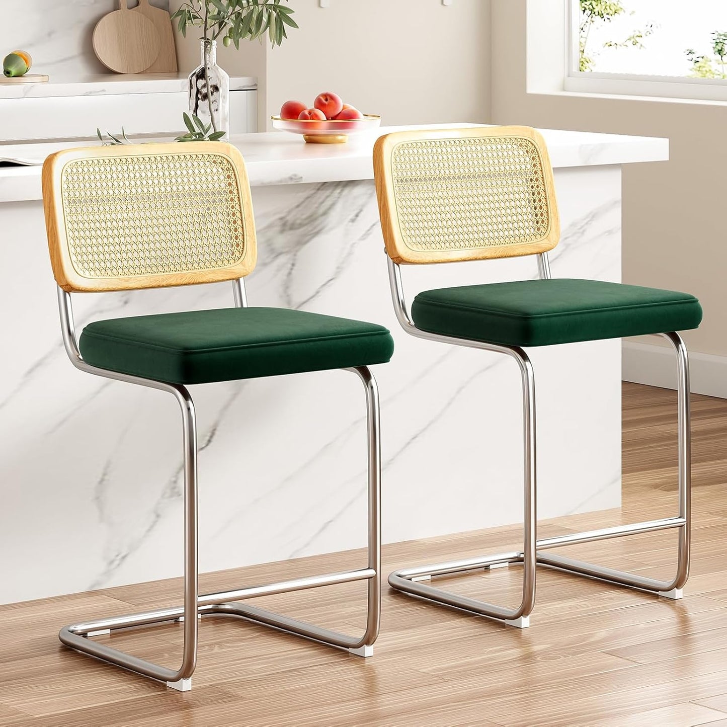 Farini Counter Height Bar Stools Set of 2, Upholstered Velvet Barstools with Rattan Back, 24 inch Stools Armless Bar Chairs for Kitchen Island