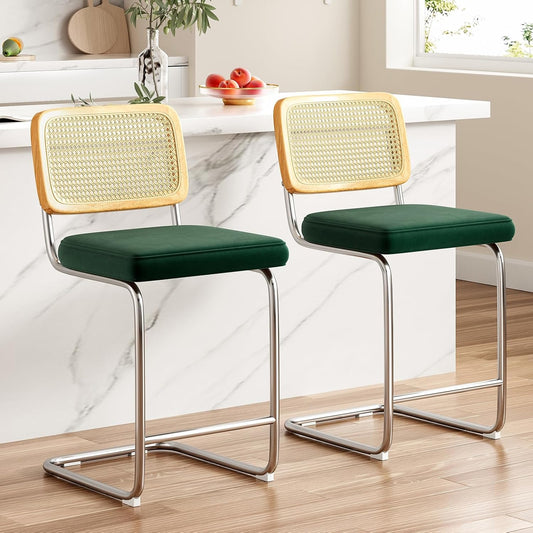Farini Counter Height Bar Stools Set of 2, Upholstered Velvet Barstools with Rattan Back, 24 inch Stools Armless Bar Chairs for Kitchen Island