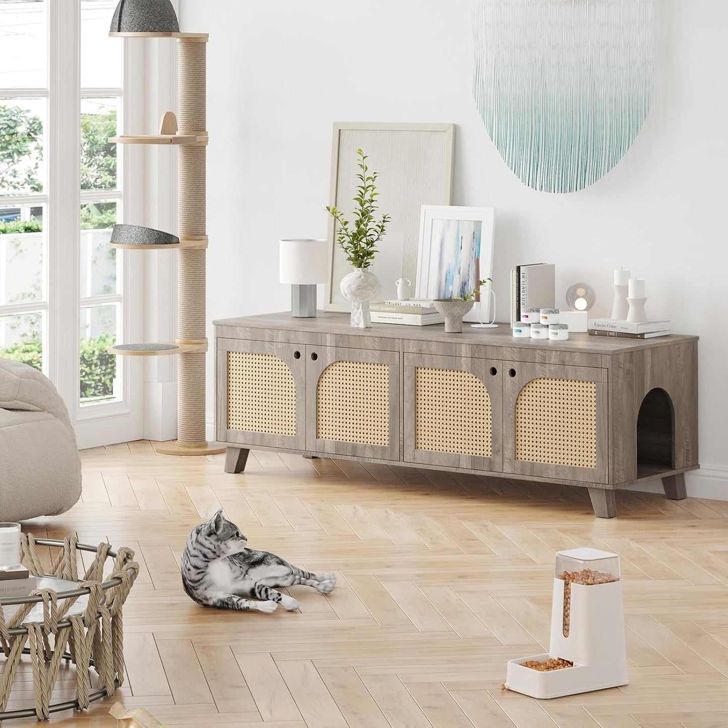Farini Double Hidden Cat Litter Box Enclosure Furniture Cabinet with Rattan Decorated Doors for Two Cats，Two Entrances