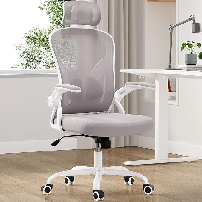 Farini Ergonomic Office Chair, Home Office Desk Chair with Headrest, High Back Computer Chair with Armrests and Adjustable Lumbar Support for Home Office Study Room, White & Khaki