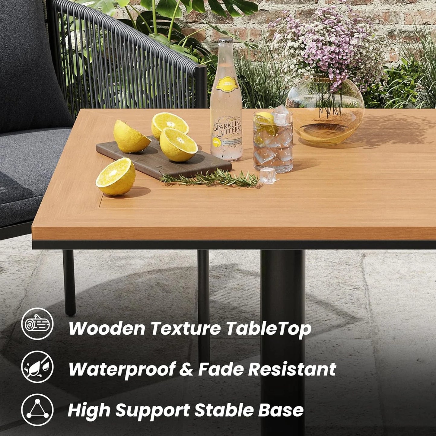 Farini Outdoor Dining Set, Patio Table and Chairs Set, Rattan Wicker Patio Chair Cushions and 1 Outdoor Table Plastic Wooden Top for Lawn, Deck Backyard, Poolside