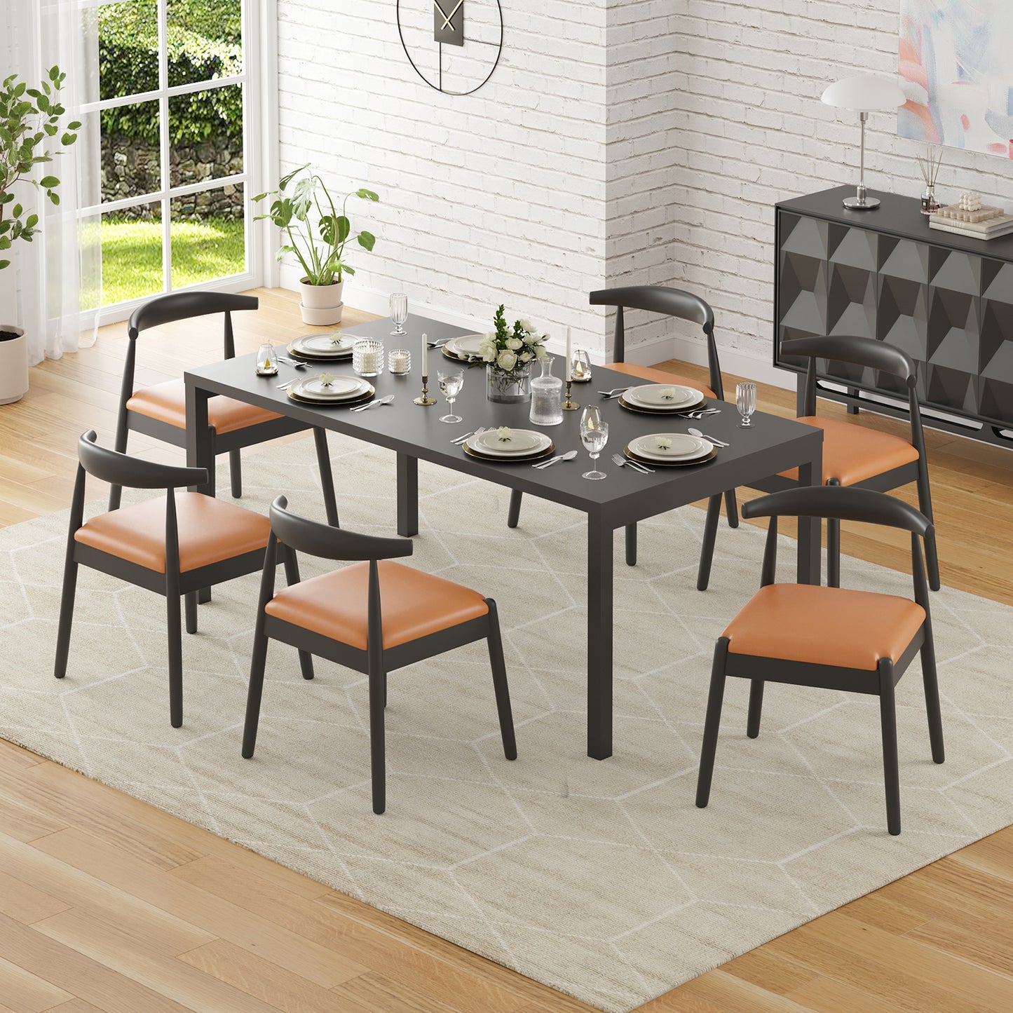 Farini Mid-Century Dining Chairs Set of 4, Solid Wood Frame & PU Leather Upholstered Seats, Black-Whiskey Brown