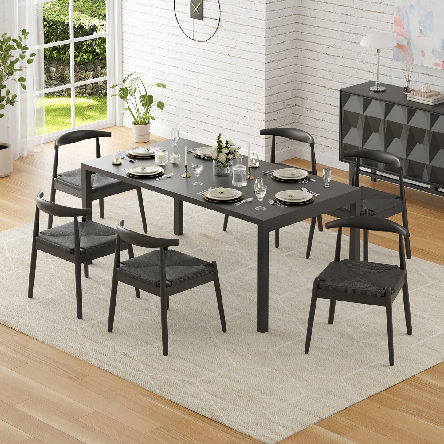 Farini Mid-Century Dining Chairs Set of 4, Solid Wood Frame & Woven Leather Seats, Black