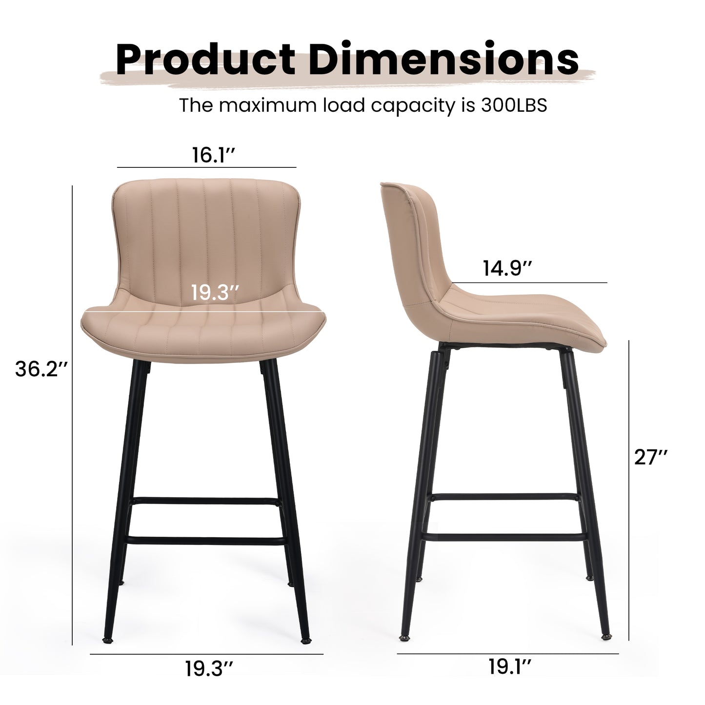 Farini 26" Counter Stools Set of 2, Faux Leather Barstools, Counter Height Chairs for Kitchen Islands & Dining Rooms, Khaki