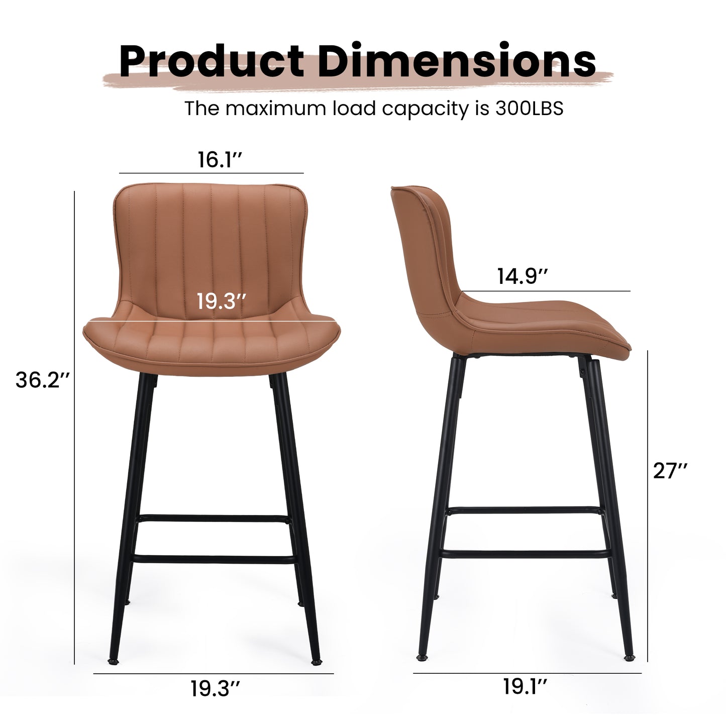 Farini 26" Counter Stools Set of 2, Faux Leather Barstools, Counter Height Chairs for Kitchen Islands & Dining Rooms, Brown