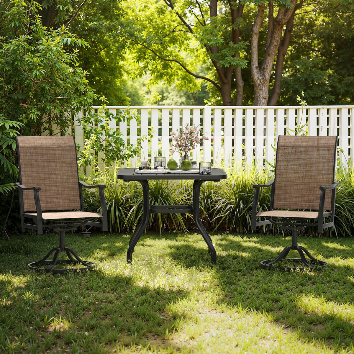 Farini Outdoor 360° Swivel Dining Chairs Set of 2, Textilene Fabric, Rust-Resistant Metal Frame, All-Weather Ergonomic Seating for Patio, Backyard or Balcony, Brown