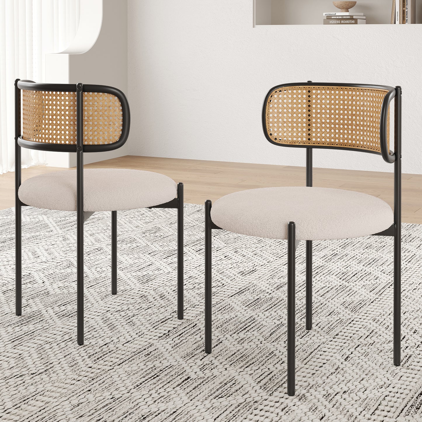 Farini Upholstered Dining Chair Set of 2, Rattan Backrest Kitchen Chair
