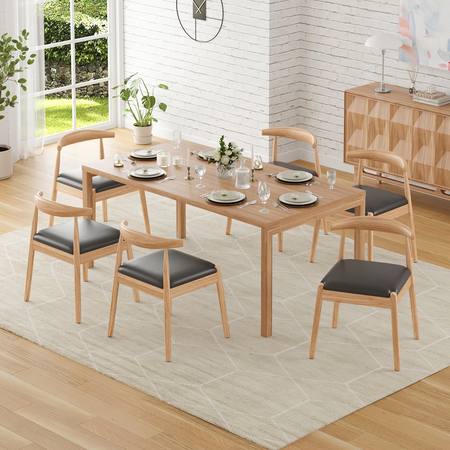 Farini Mid-Century Dining Chairs Set of 4, Solid Wood Frame & PU Leather Upholstered Seats, Nature-Black