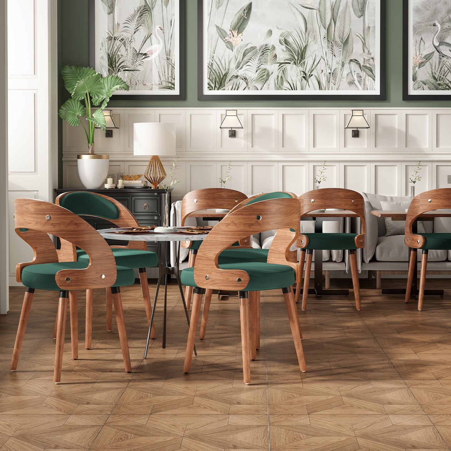 Farini Set of 4 Wood Dining Chairs with Curved Backrest for Kitchen Dining Room, Dark Green