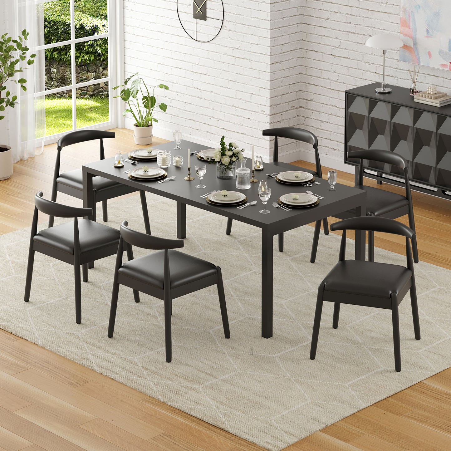Farini Mid-Century Dining Chairs Set of 4, Solid Wood Frame & PU Leather Upholstered Seats, Black