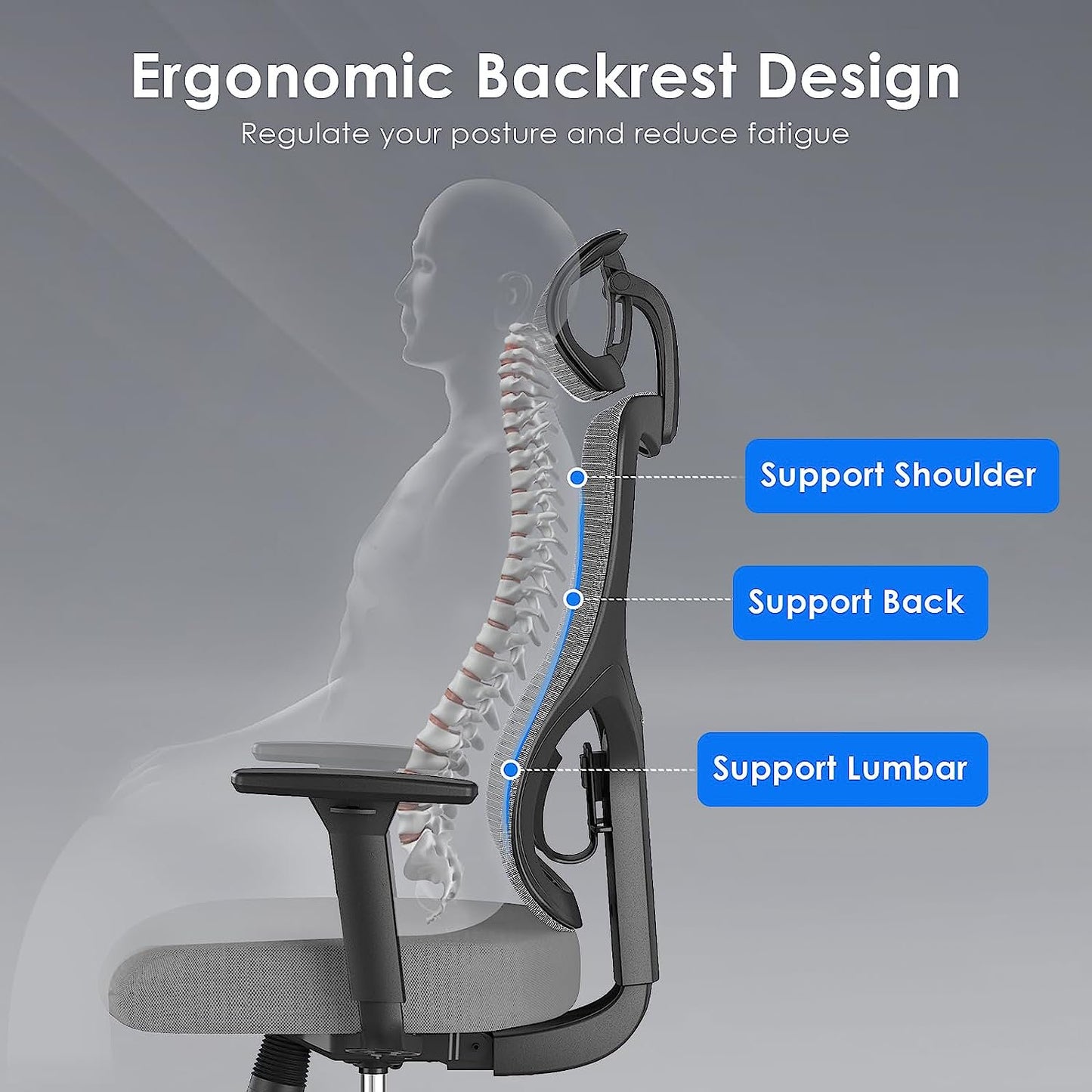 Farini Ergonomic Mesh Office Chair, Computer Desk Chair Ergonomic with Headrest, Adjustable Lumbar Support and 3D Armrests, High Back Office Chair