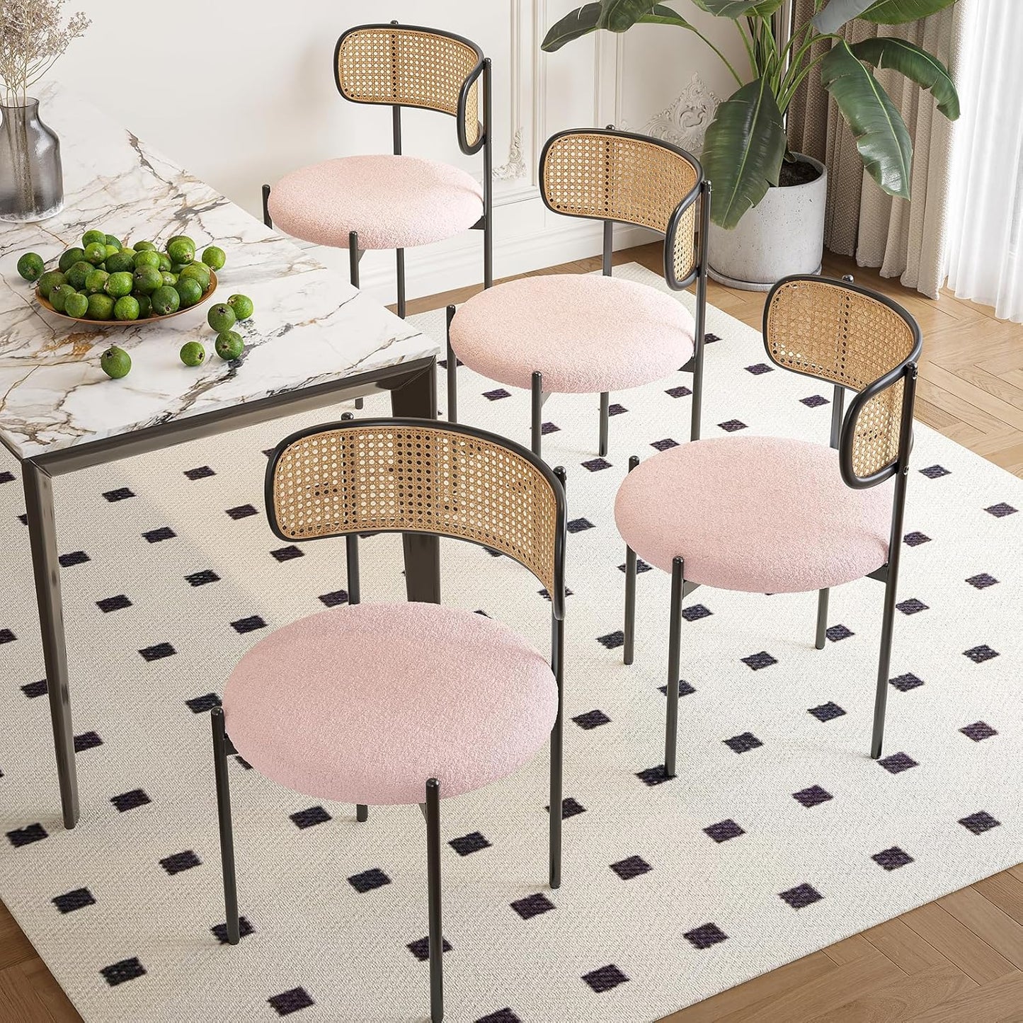 Farini Upholstered Dining Chair Set of 4, Rattan Backrest Kitchen Chair