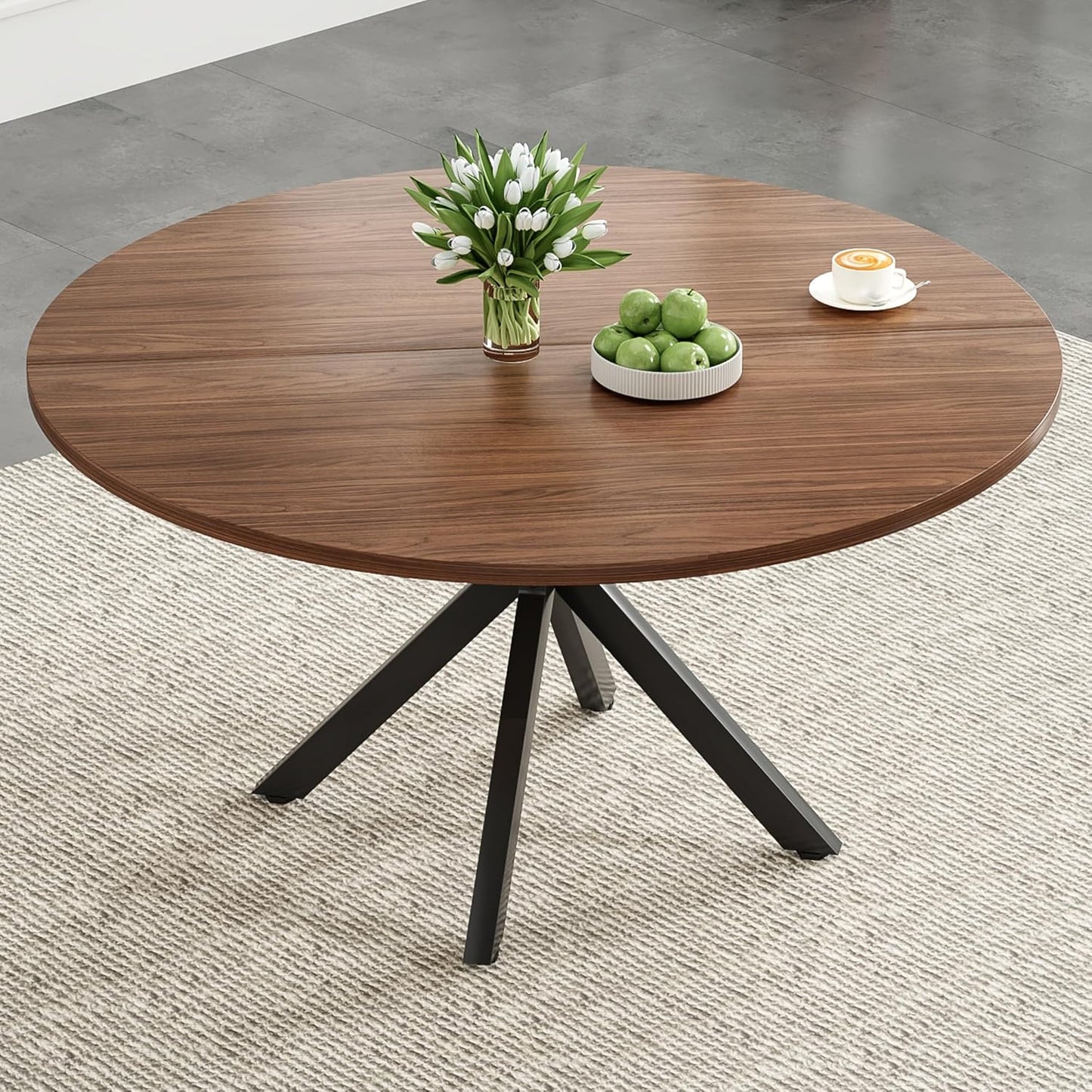 Farini 47 Inch Round Dining Table for 4-6 People, Mid Century Modern Kitchen Table with Sturdy Base, Wood Dining Table for Kitchen Dining Room