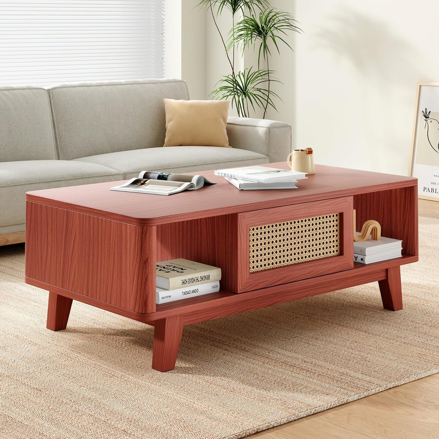 Farini Mid Century Storage, Modern Square Rattan Drawer Wooden, Farmhouse Coffee Table for Living Room