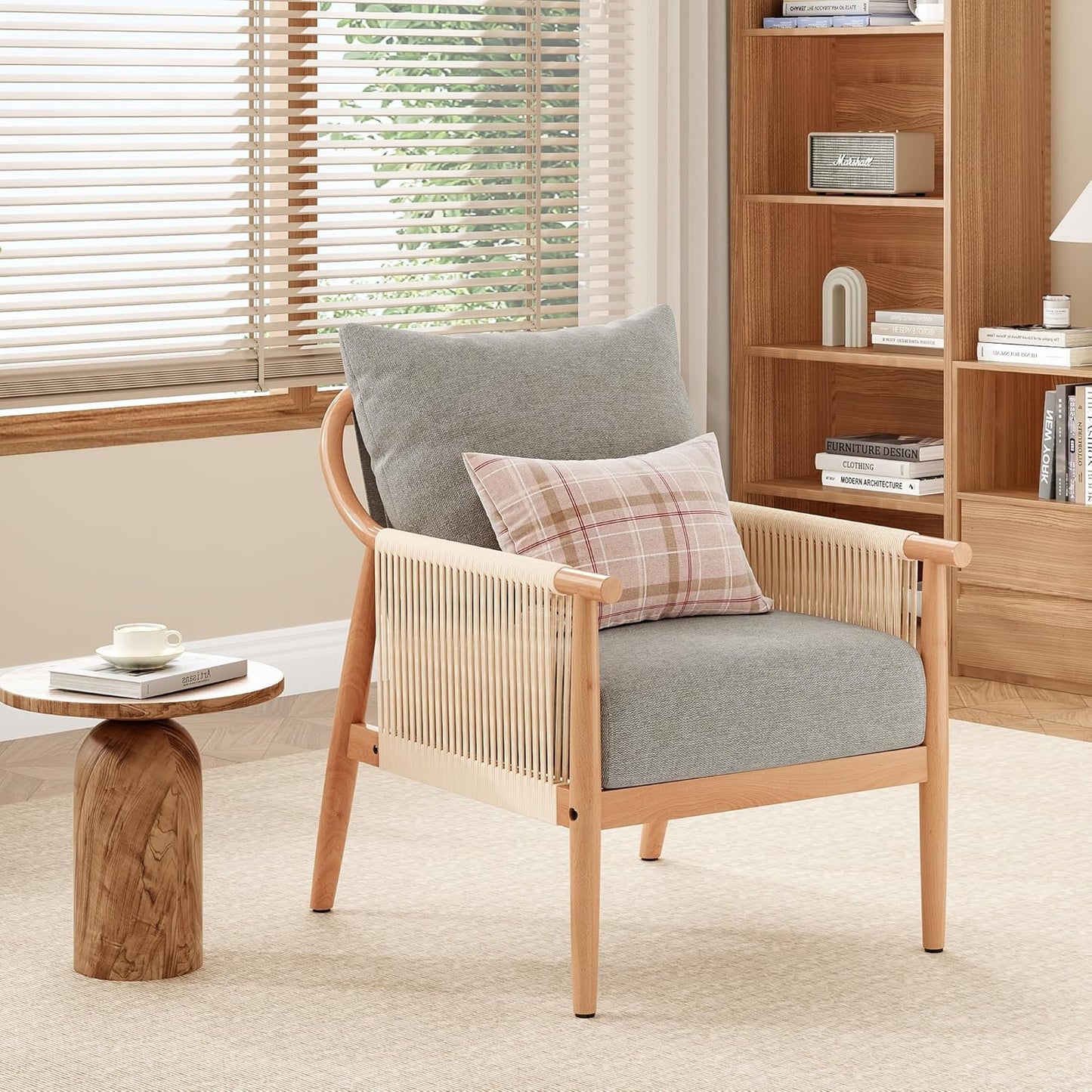 Farini Braid Armchair, Mid Century Modern Wood Accent Chair for Living Room,Reading Bedroom Chair