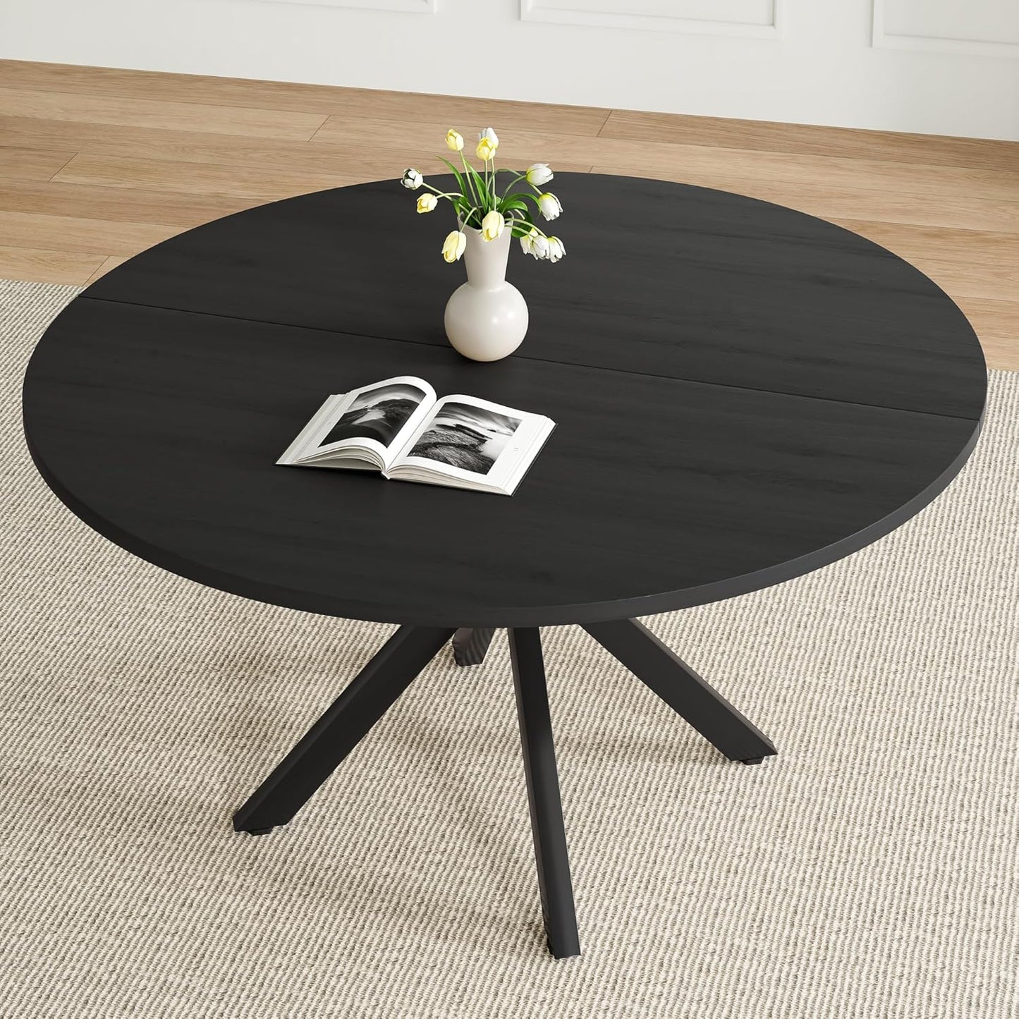 Farini 47 Inch Round Dining Table for 4-6 People, Mid Century Modern Kitchen Table with Sturdy Base, Wood Dining Table for Kitchen Dining Room