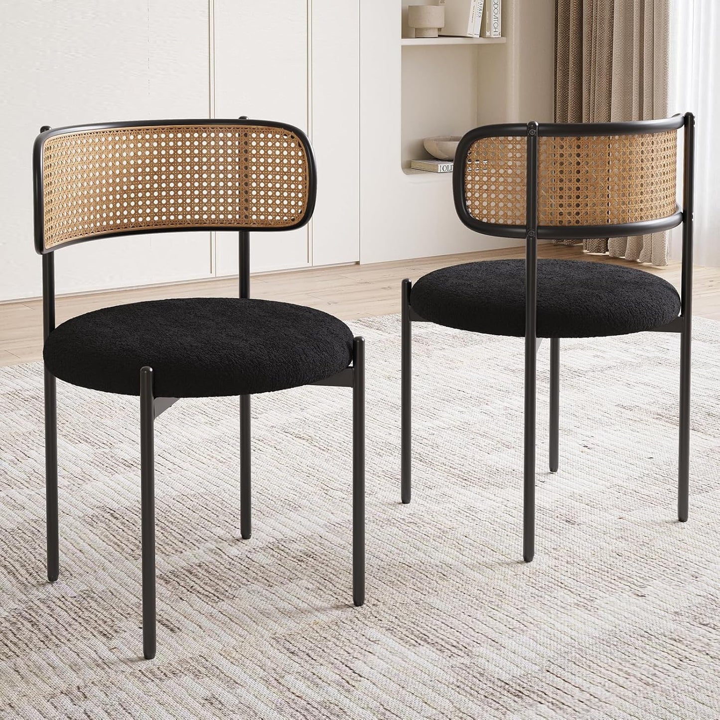 Farini Upholstered Dining Chair Set of 2, Rattan Backrest Kitchen Chair