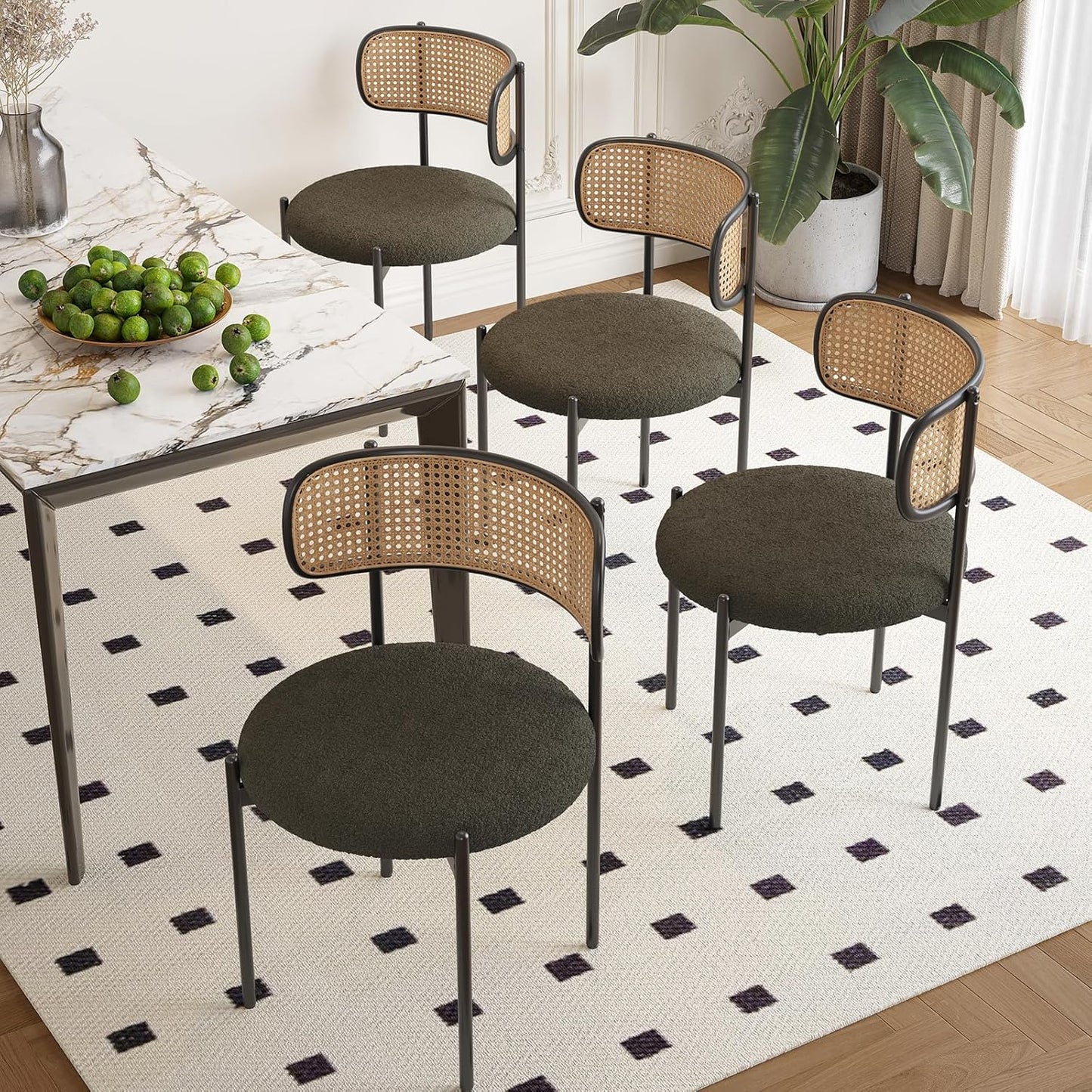 Farini Upholstered Dining Chair Set of 4, Rattan Backrest Kitchen Chair