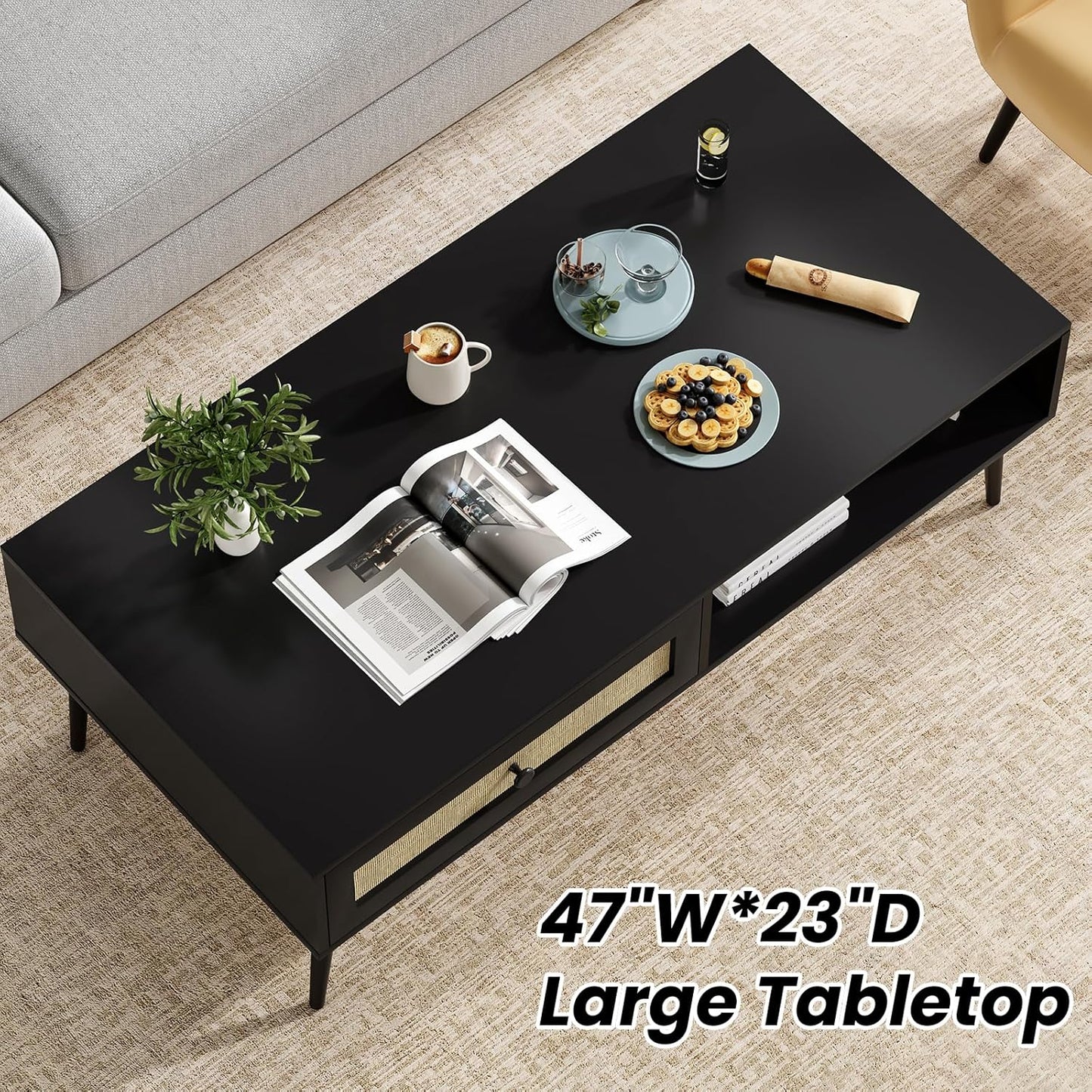 Farini 47" Modern Coffee Table, Rectangle Living Room Table with Drawer & Open Shelf for Living Room, Office