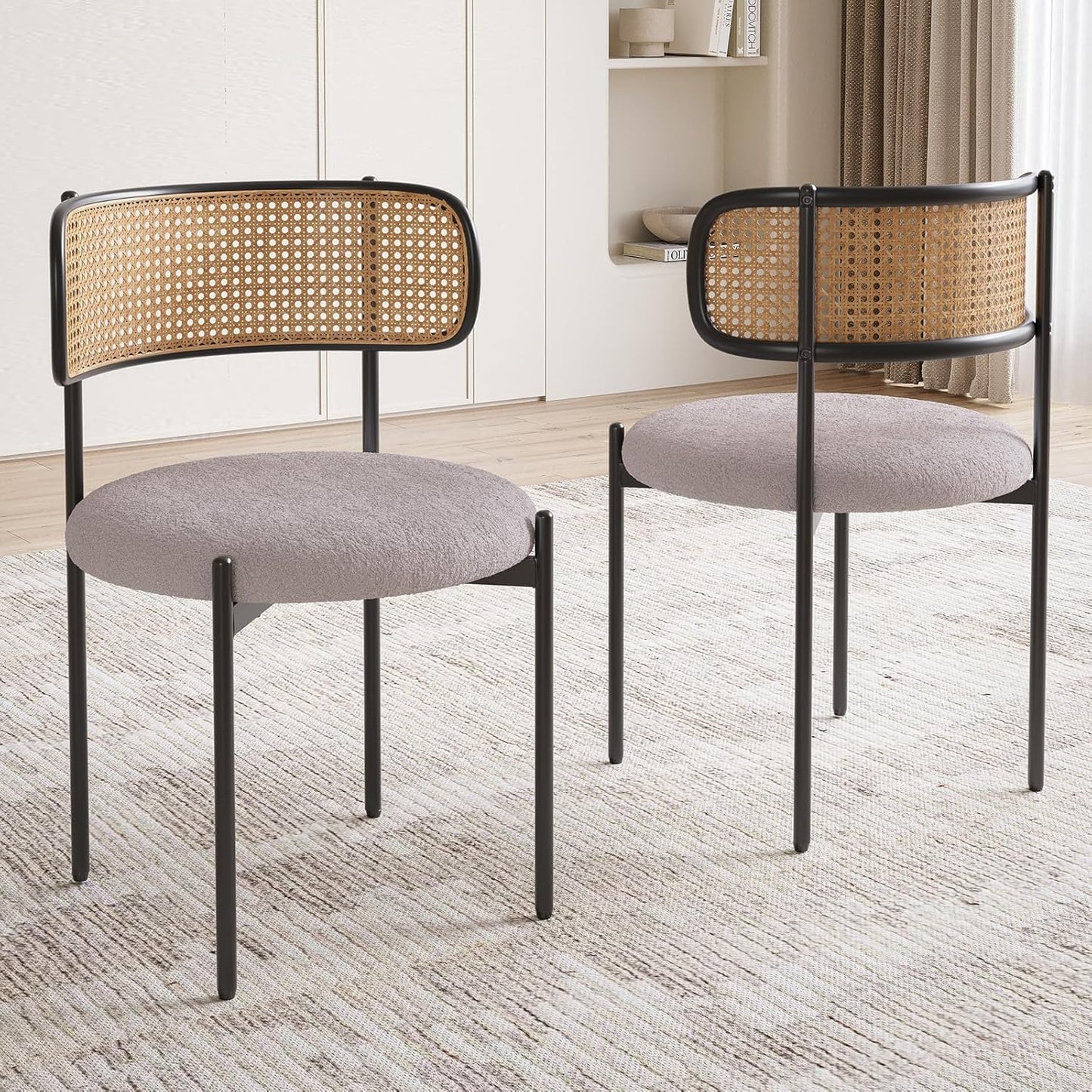 Farini Upholstered Dining Chair Set of 2, Rattan Backrest Kitchen Chair
