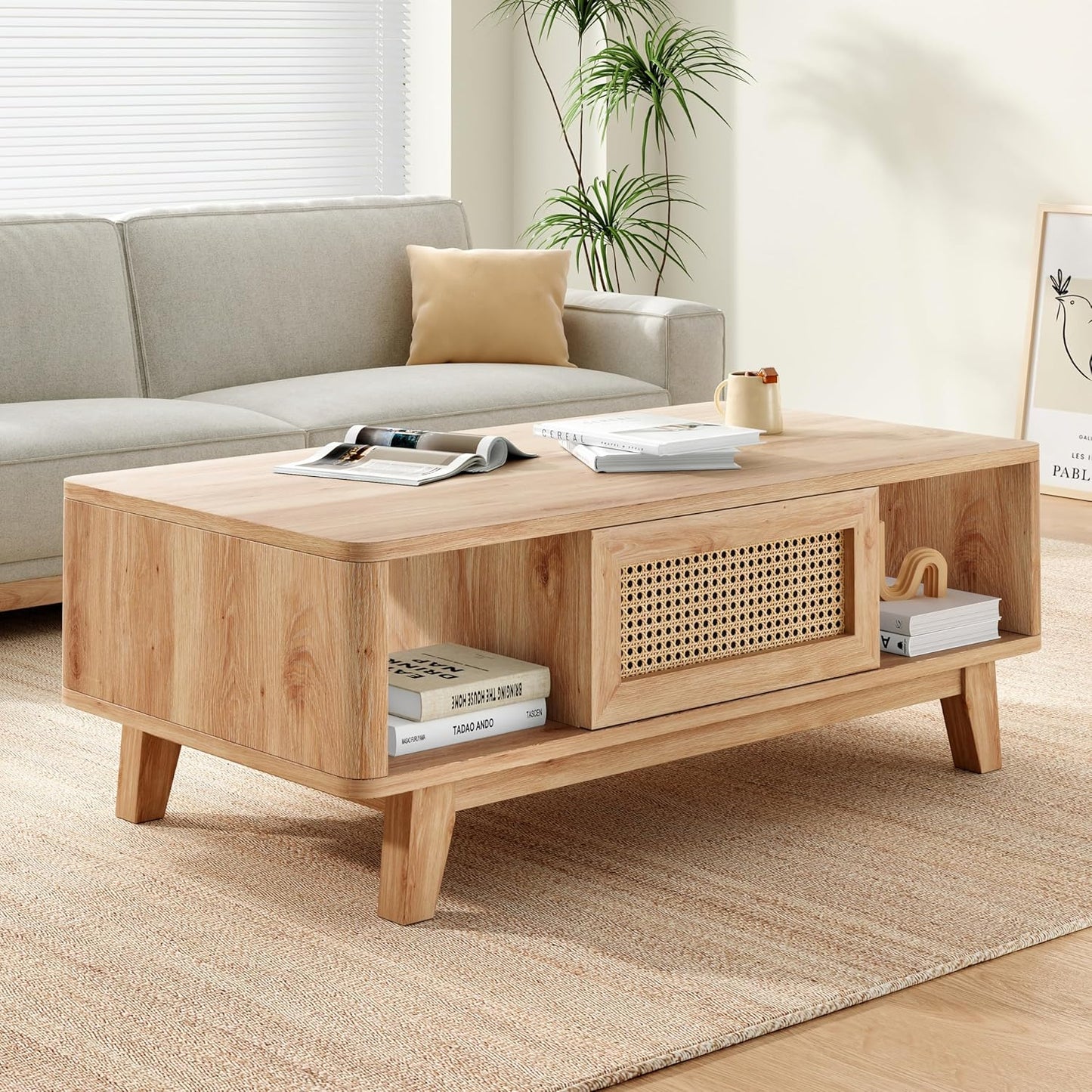 Farini Mid Century Storage, Modern Square Rattan Drawer Wooden, Farmhouse Coffee Table for Living Room