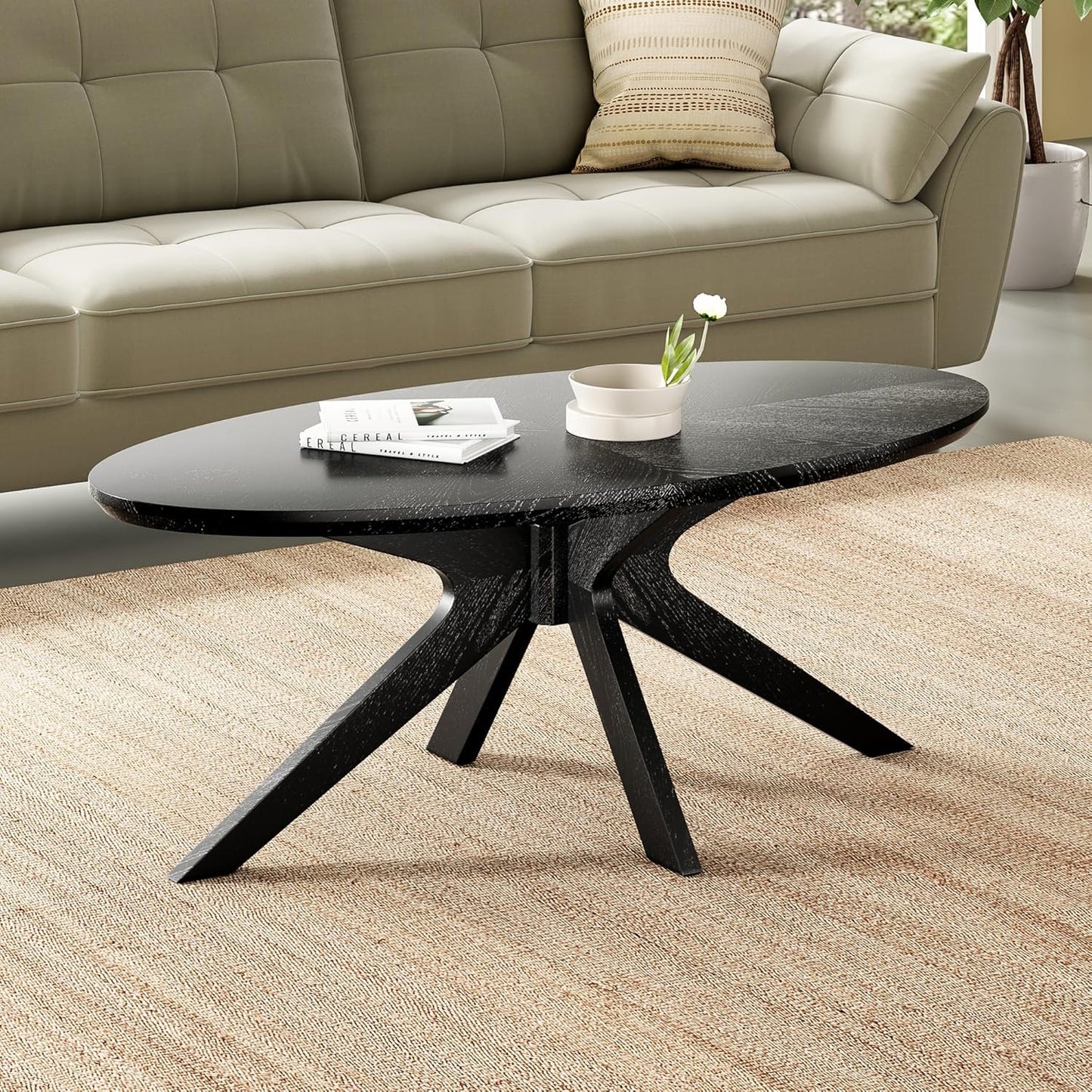 Farini Office Coffee Table, 47" Wood Coffee Tabletop with Wood Frame,Oval Coffee Table for Living Room,Bedroom,47 Inch,Black Tabletop and Frame