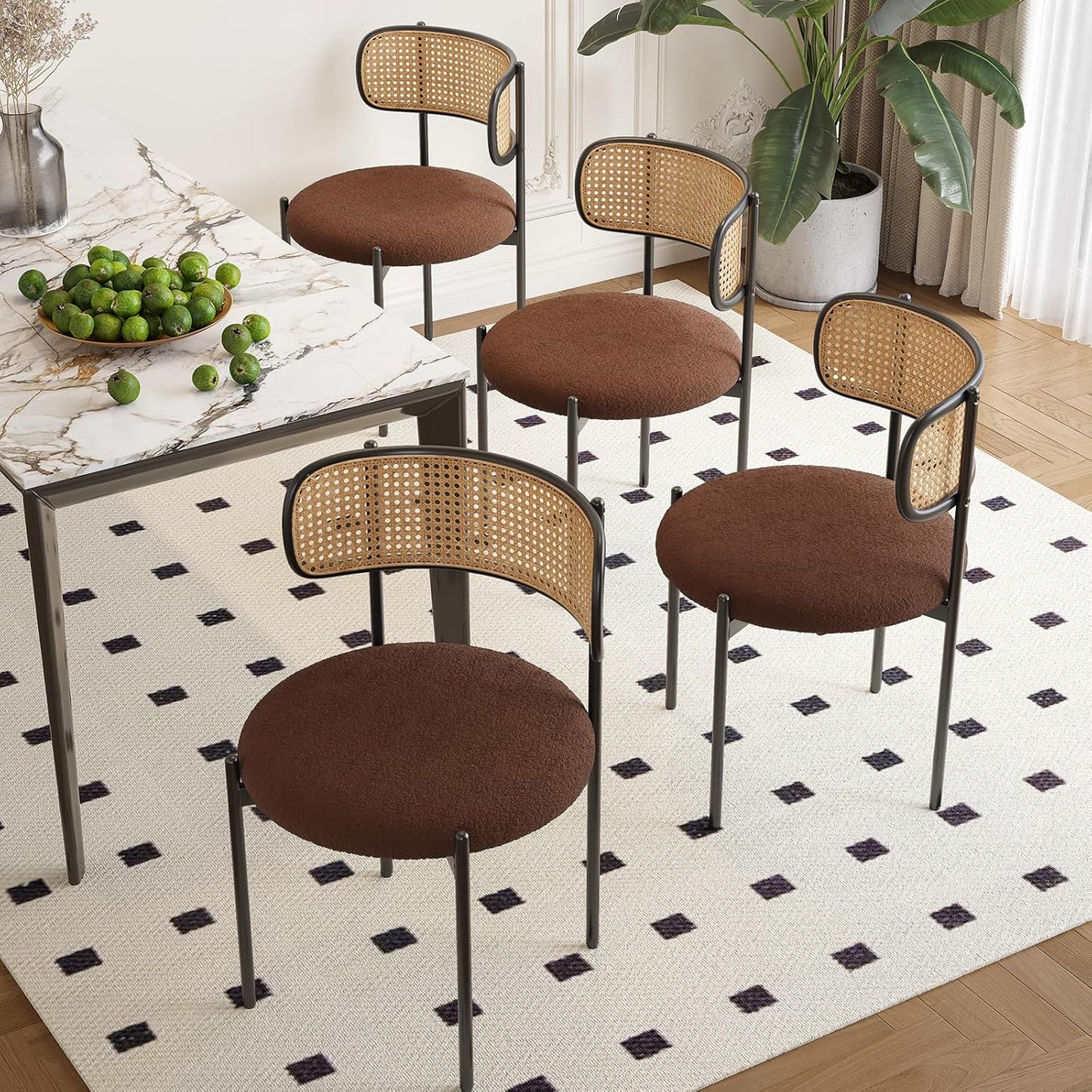 Farini Upholstered Dining Chair Set of 4, Rattan Backrest Kitchen Chair